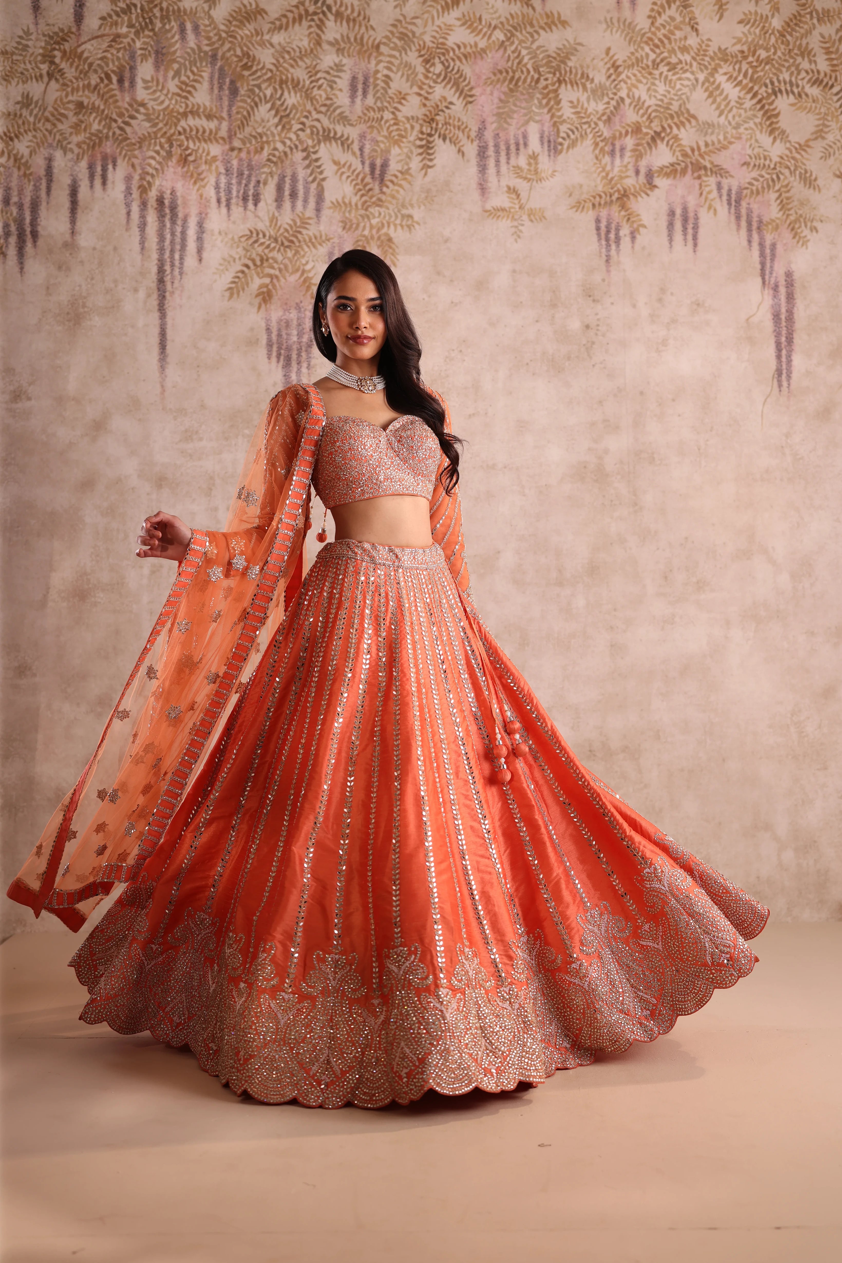 Rust Orange Embroidered Party Wear Lehenga