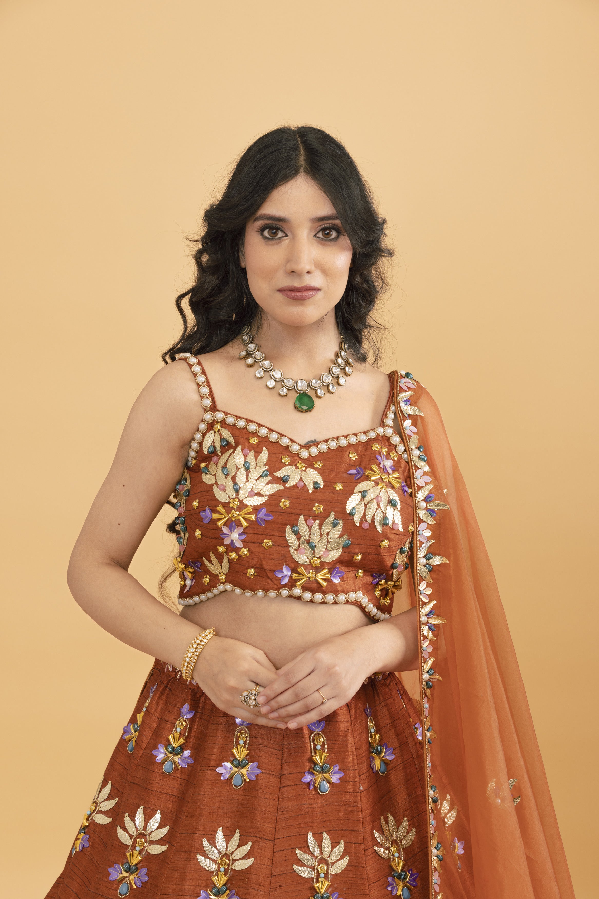 Rust Silk lehenga with multicolour sequins