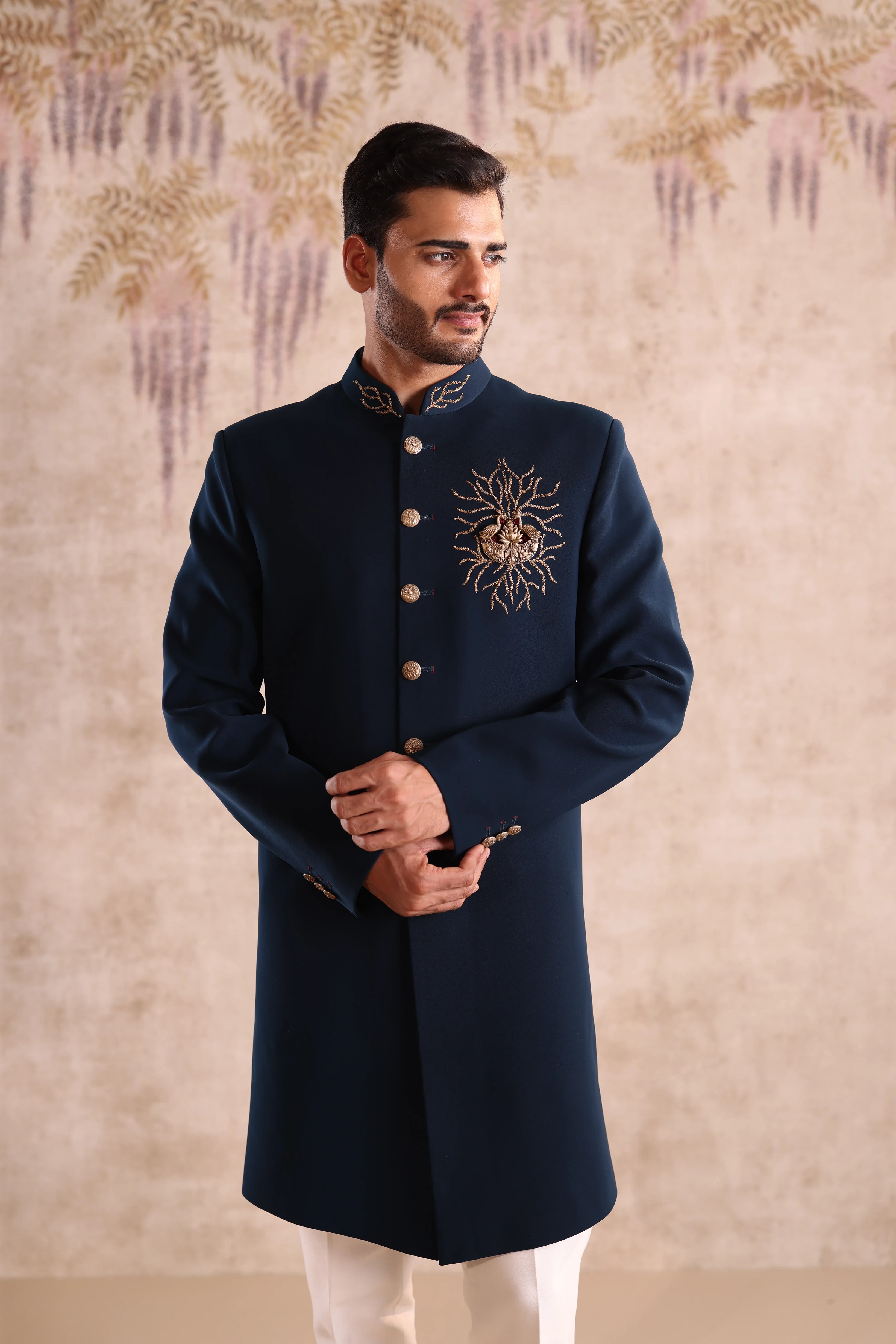 Teal indo western with collar embroidery and chest brooch highlight with embroider