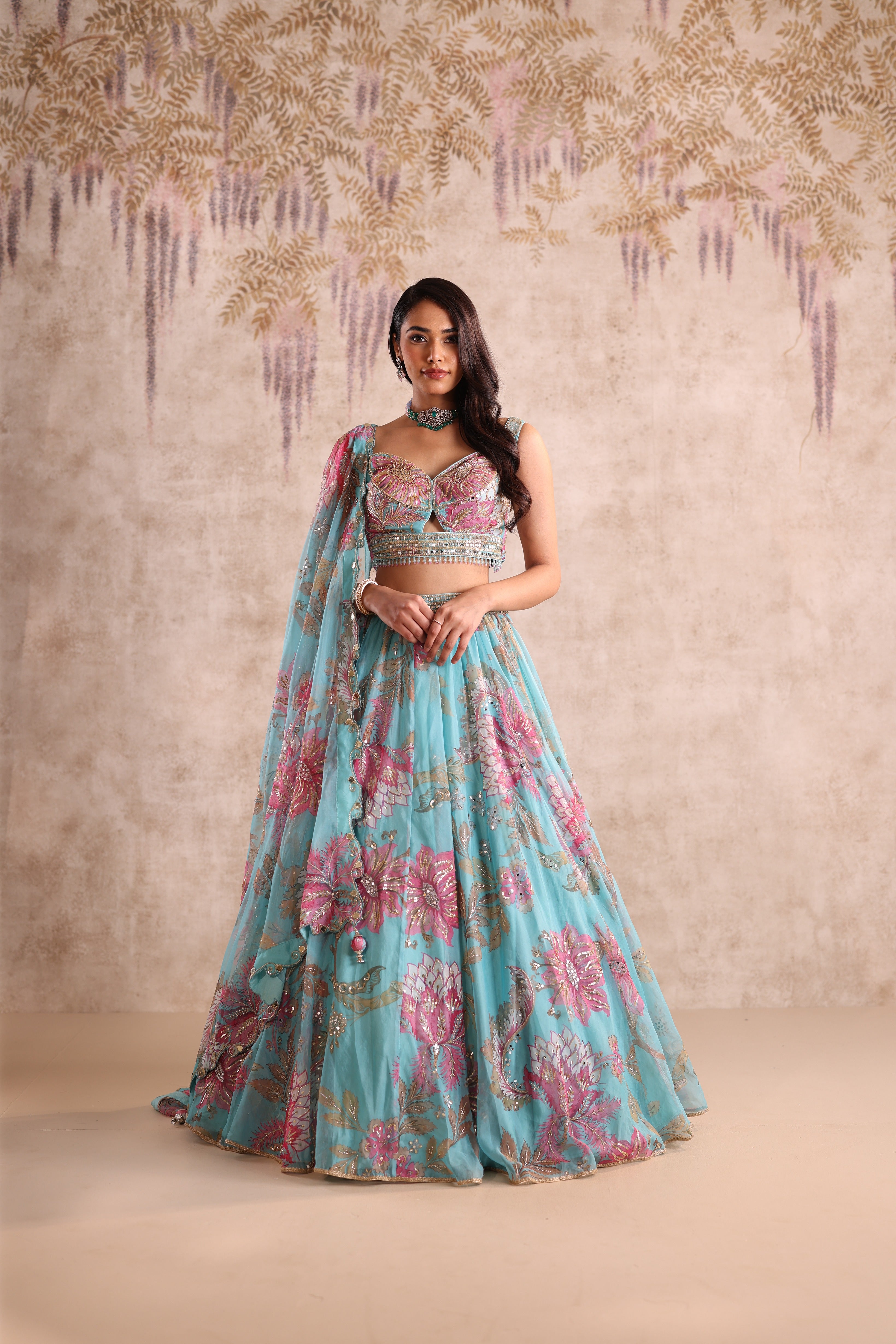 Turquoise Blue Floral Embroidered Party Wear Lehenga