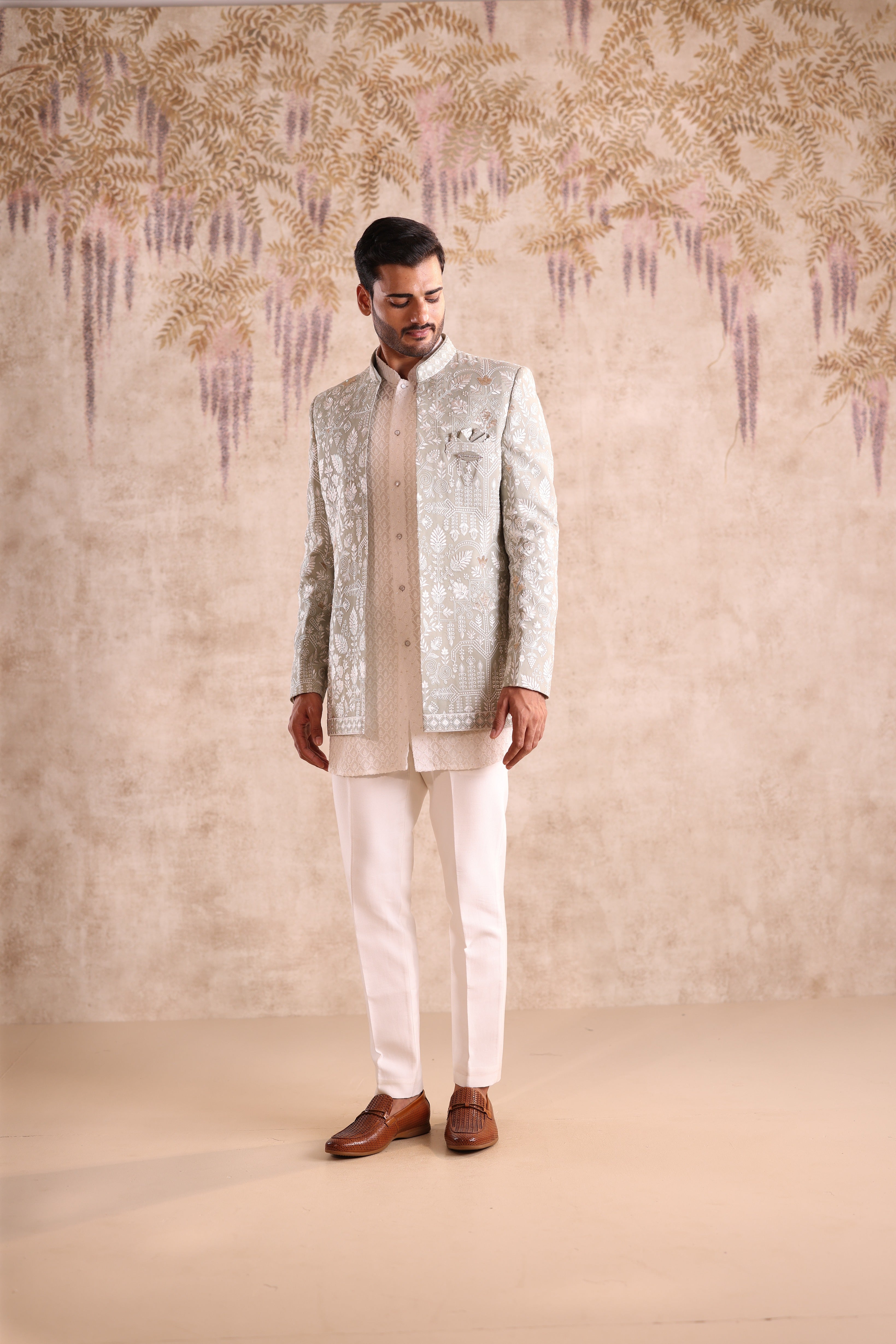 Pista green colour embroidered indo western with georgette kurta