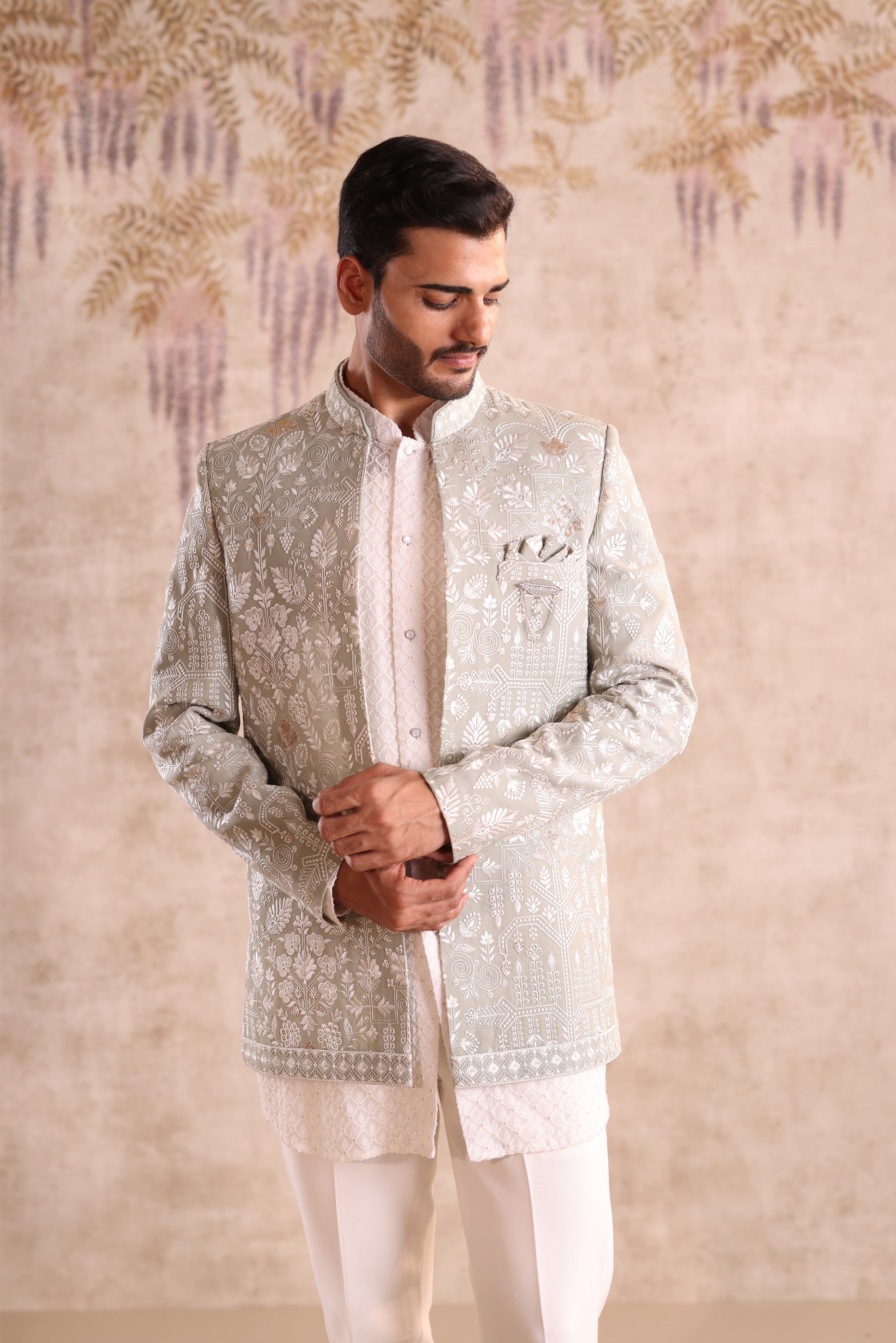 Pista green colour embroidered indo western with georgette kurta