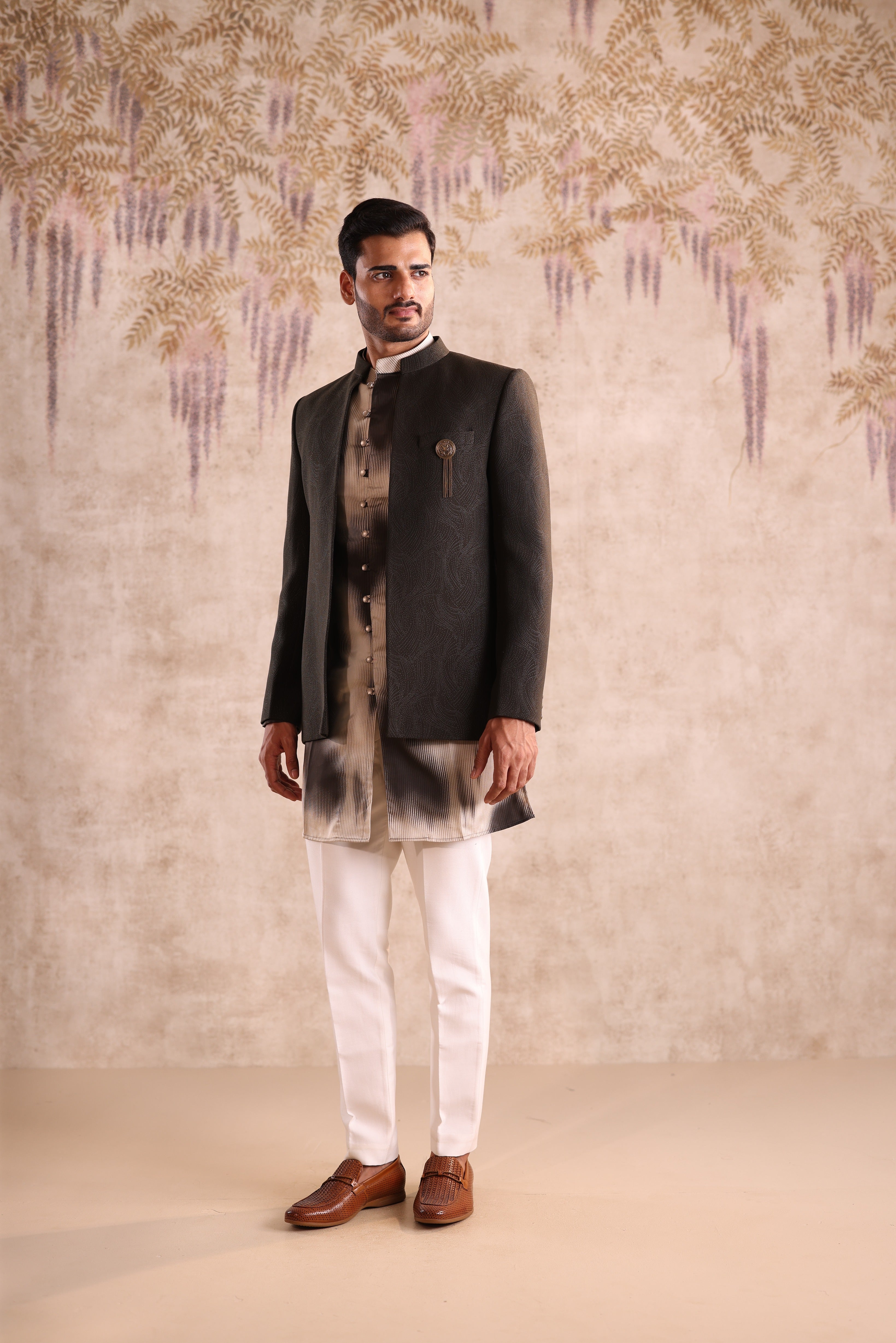 Army green colour open jacket indo western with printed kurta