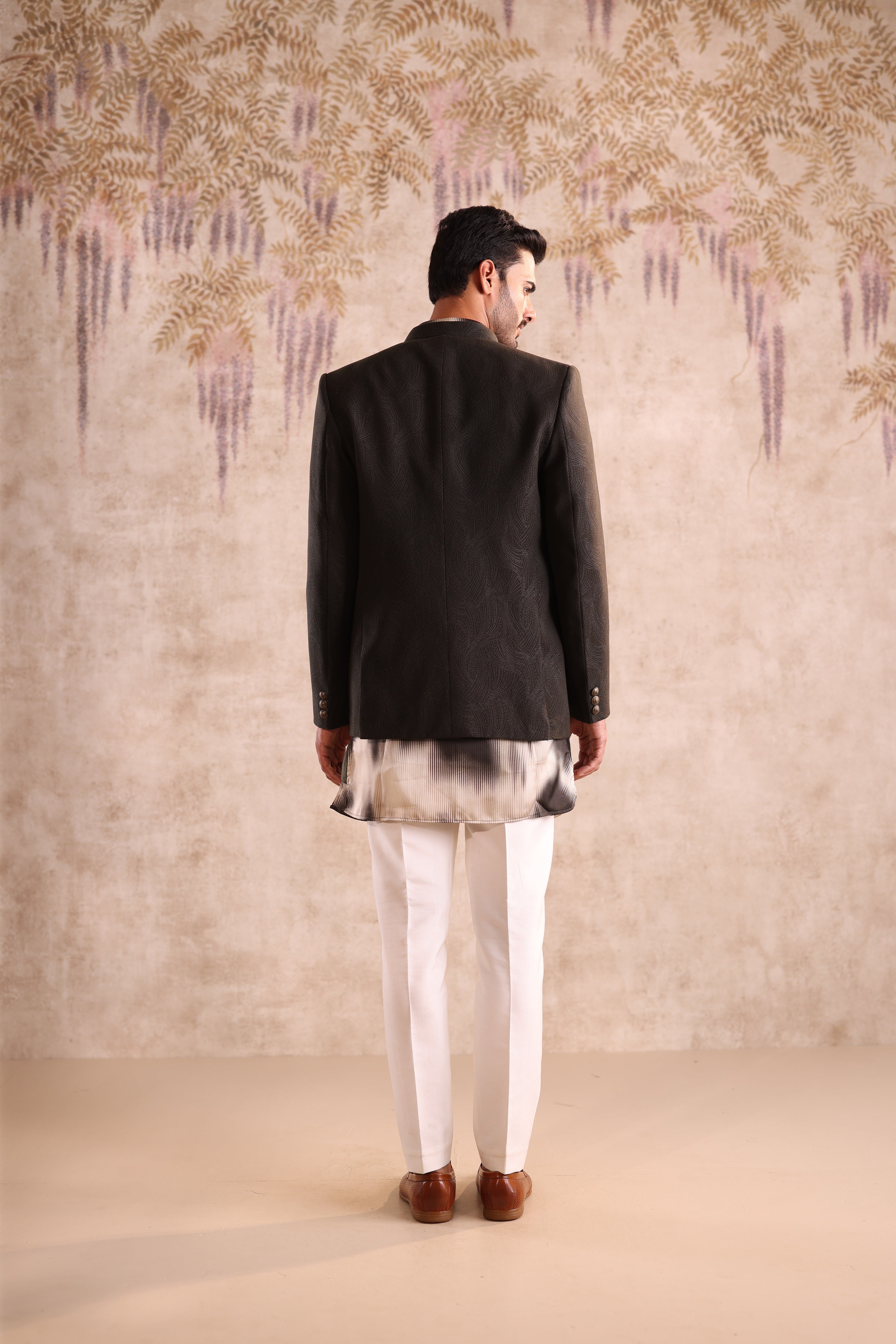 Army green colour open jacket indo western with printed kurta