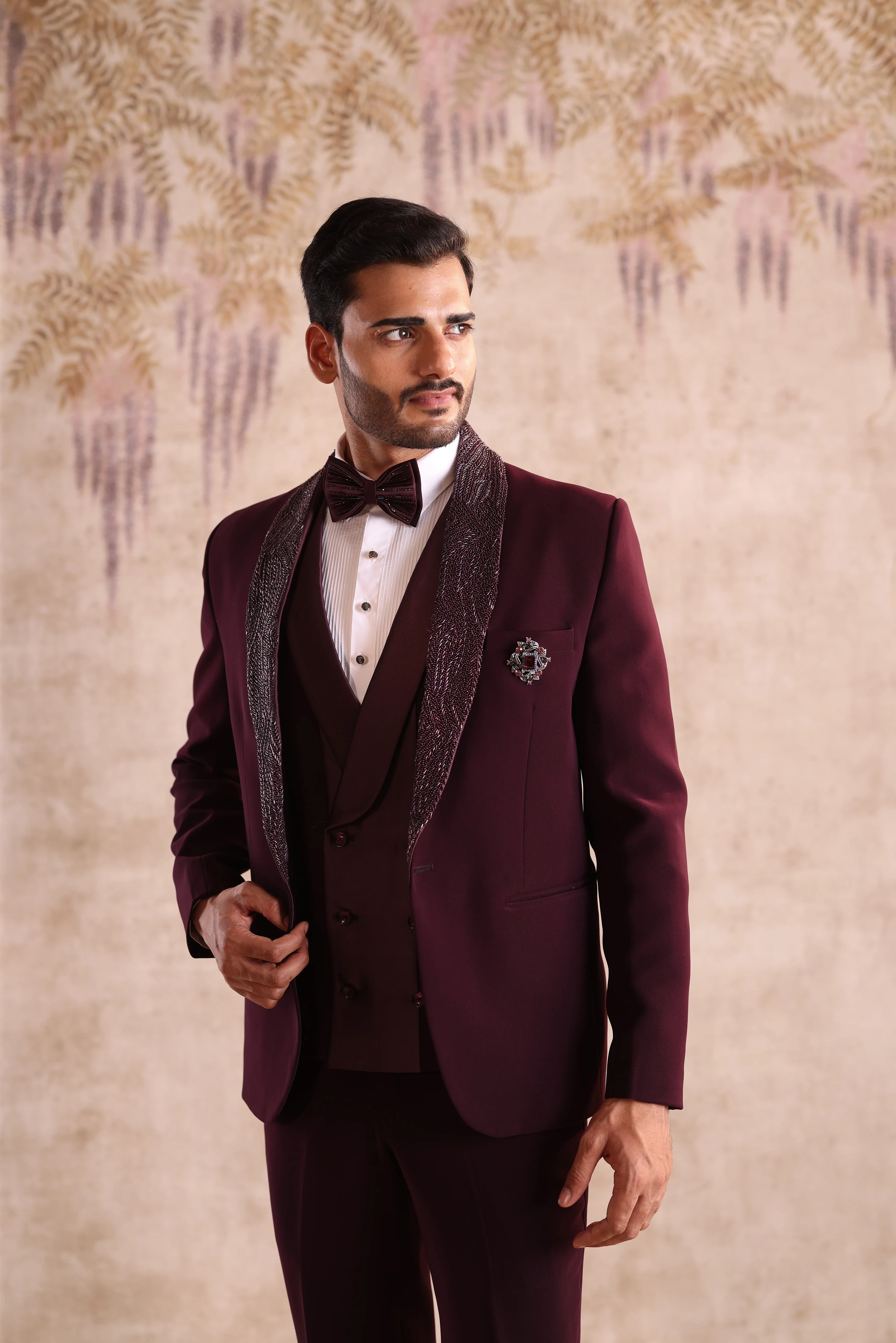 Wine Embroidery shawl detachable lapel tuxedo