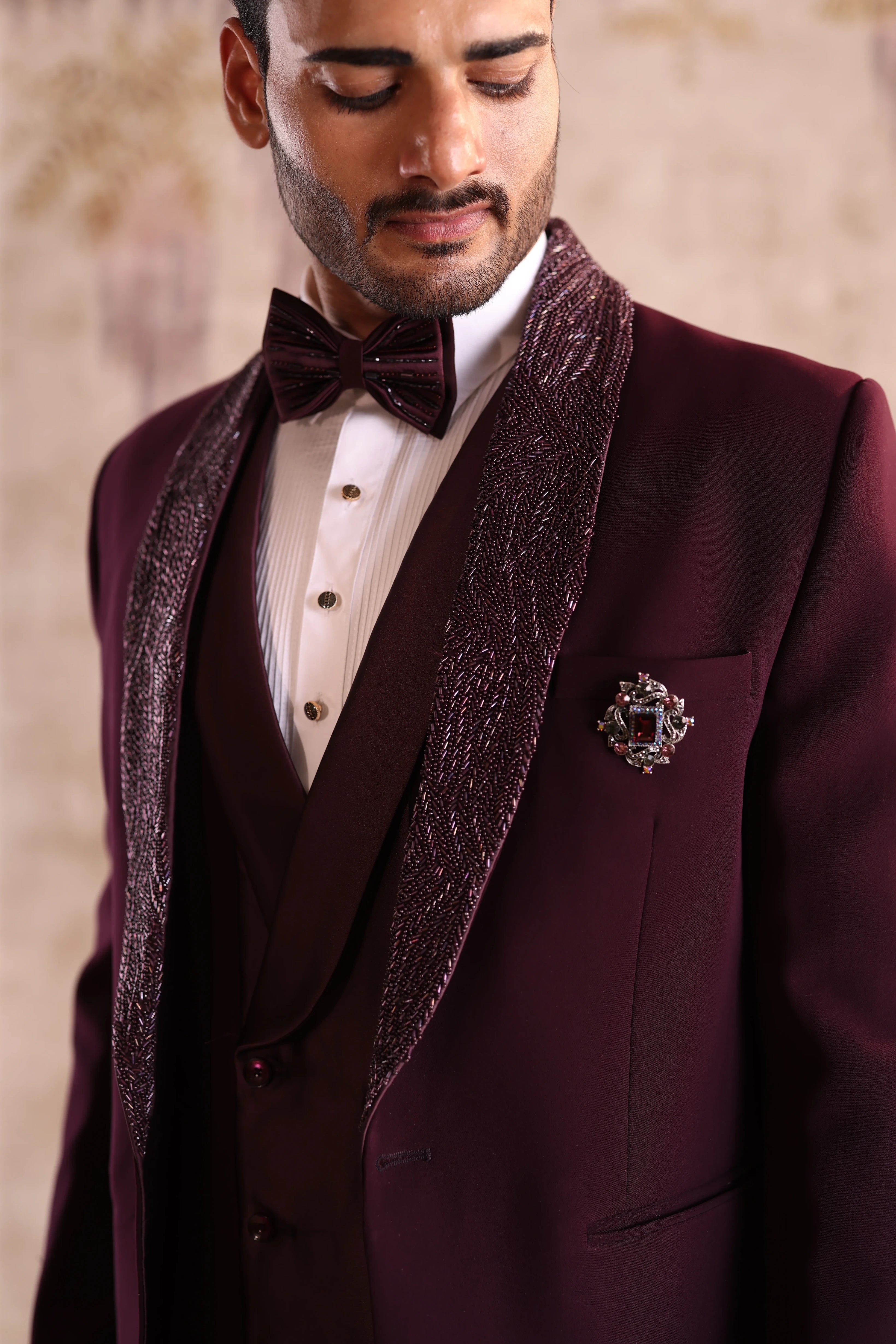 Wine Embroidery shawl detachable lapel tuxedo