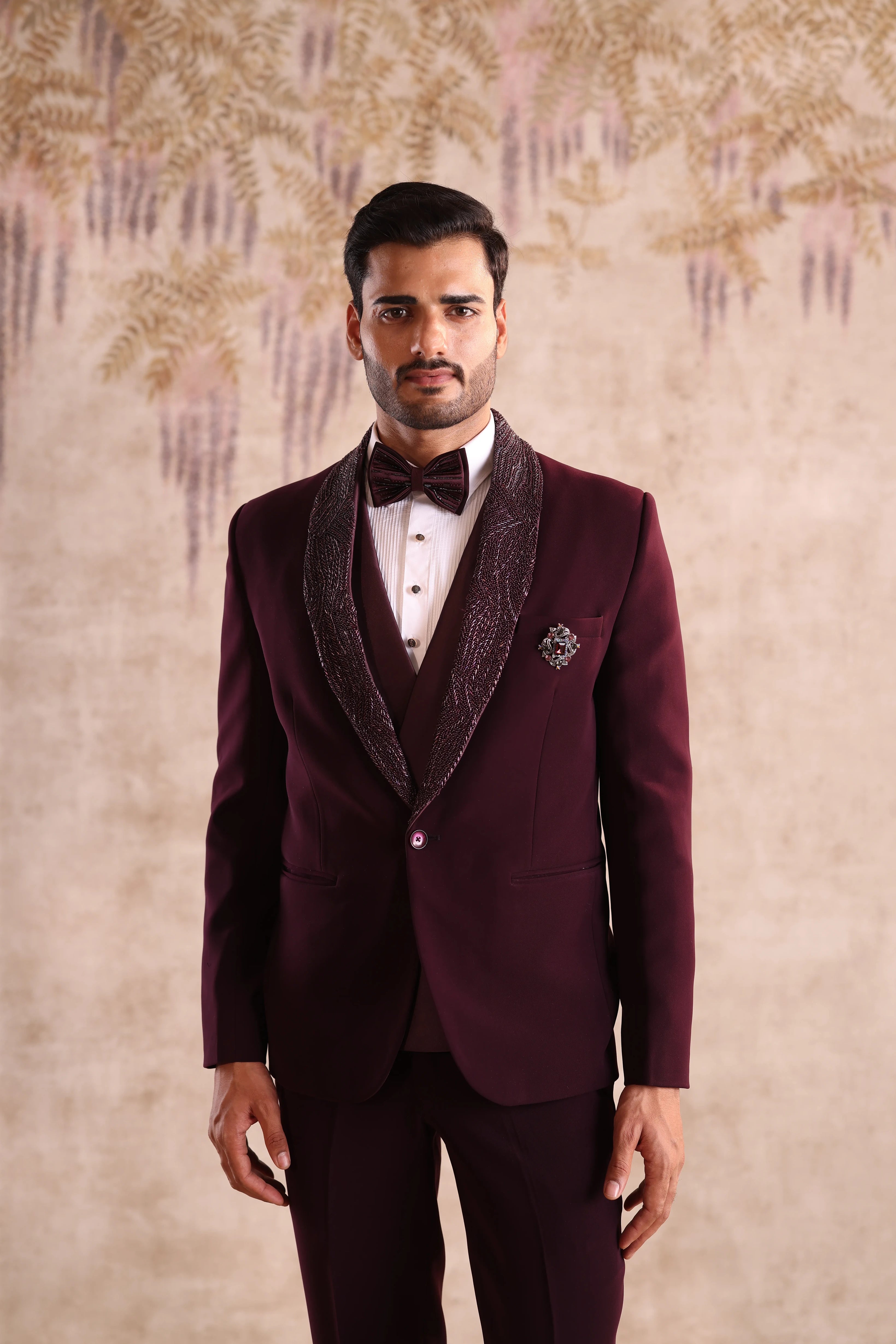 Wine Embroidery shawl detachable lapel tuxedo