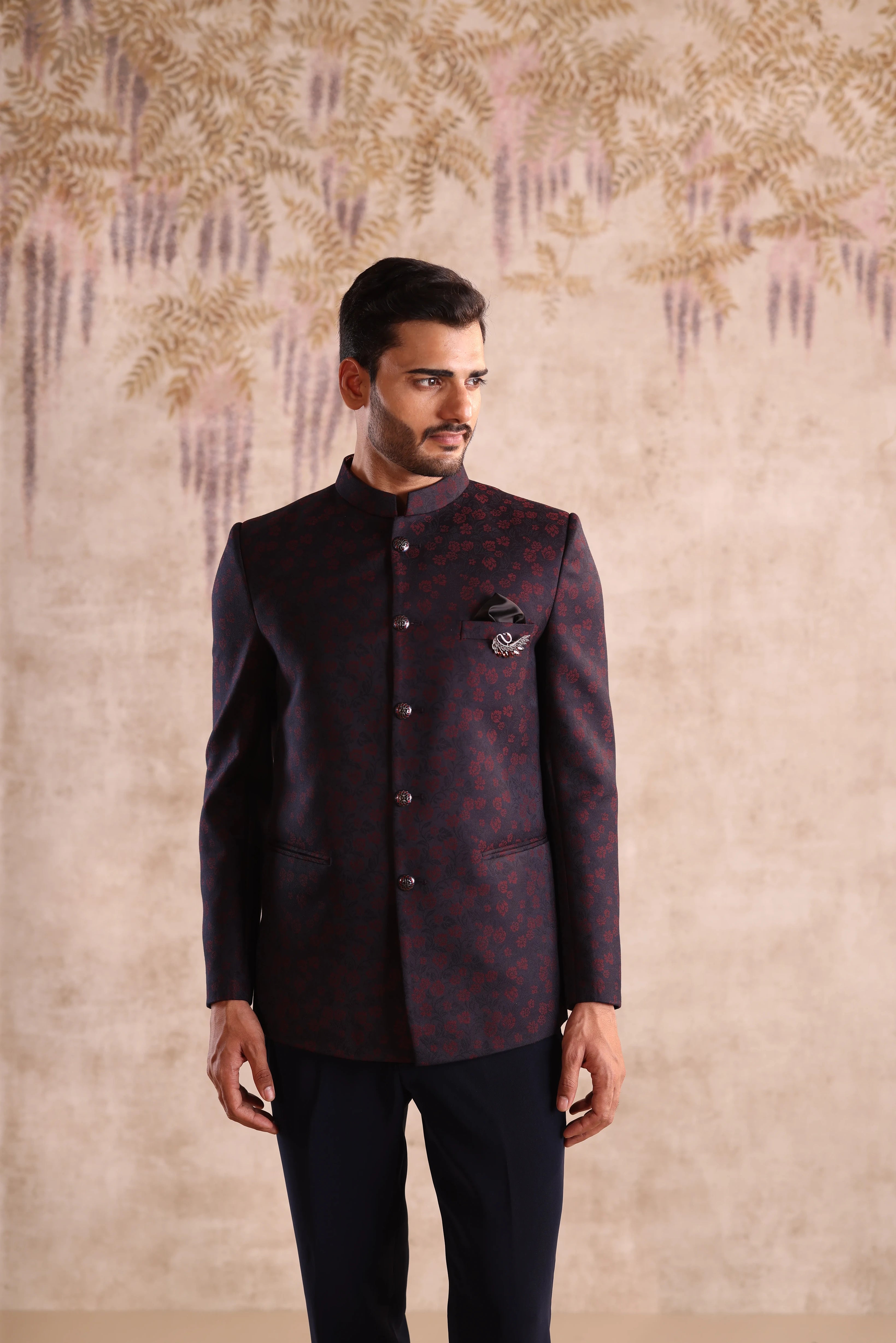 Blue floral bandhgala detailing with button