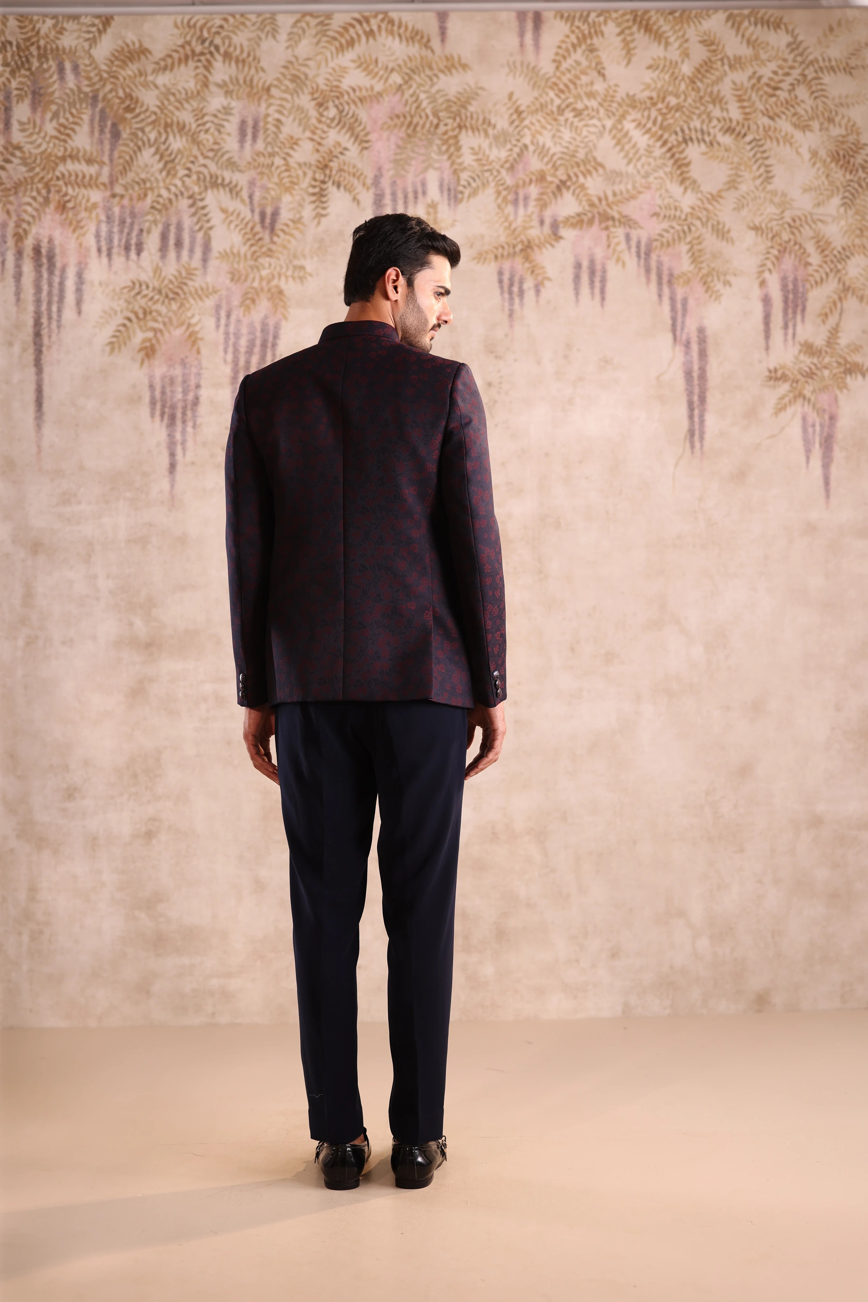 Blue floral bandhgala detailing with button