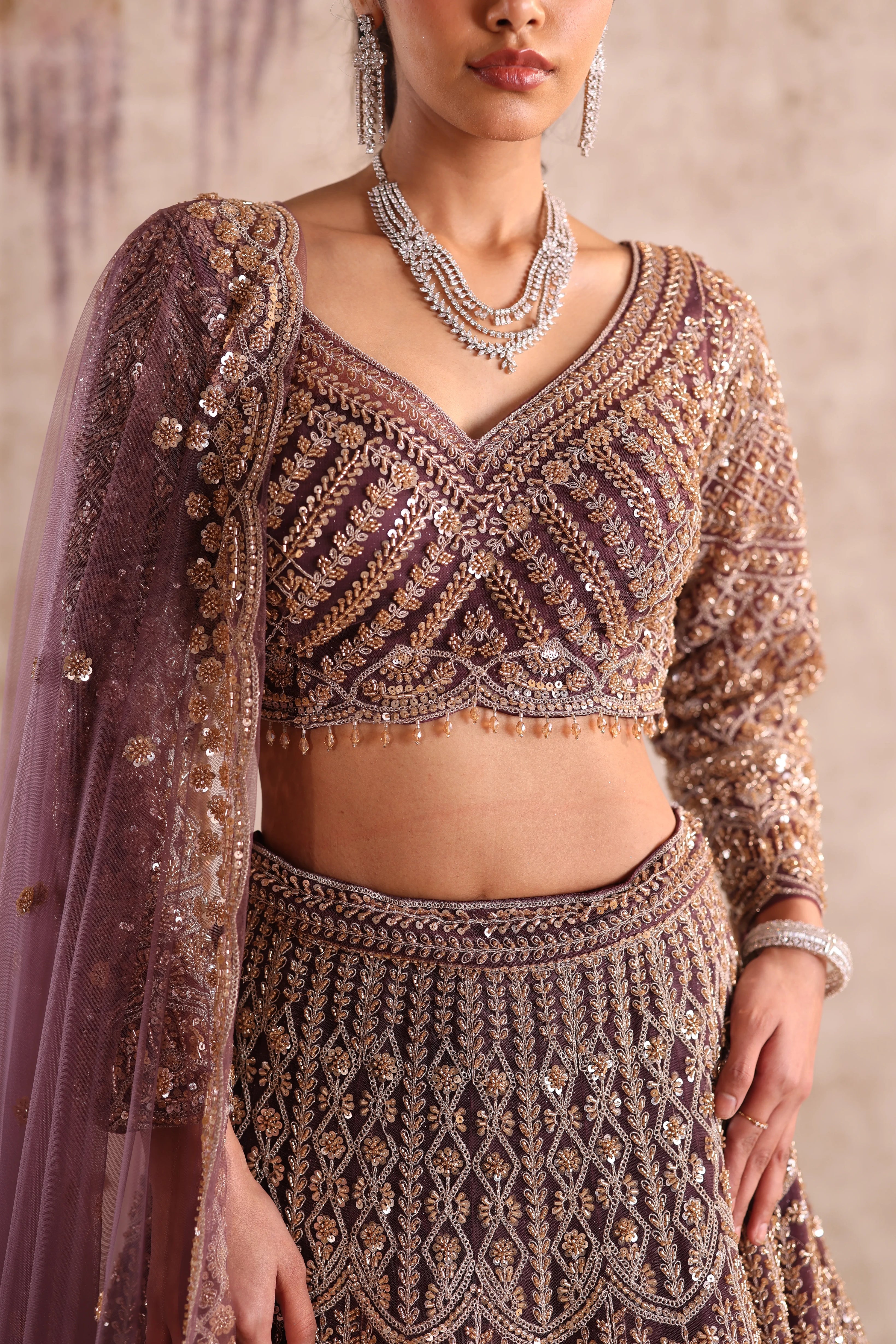 Brown Heavy Embroidered Party Wear Lehenga