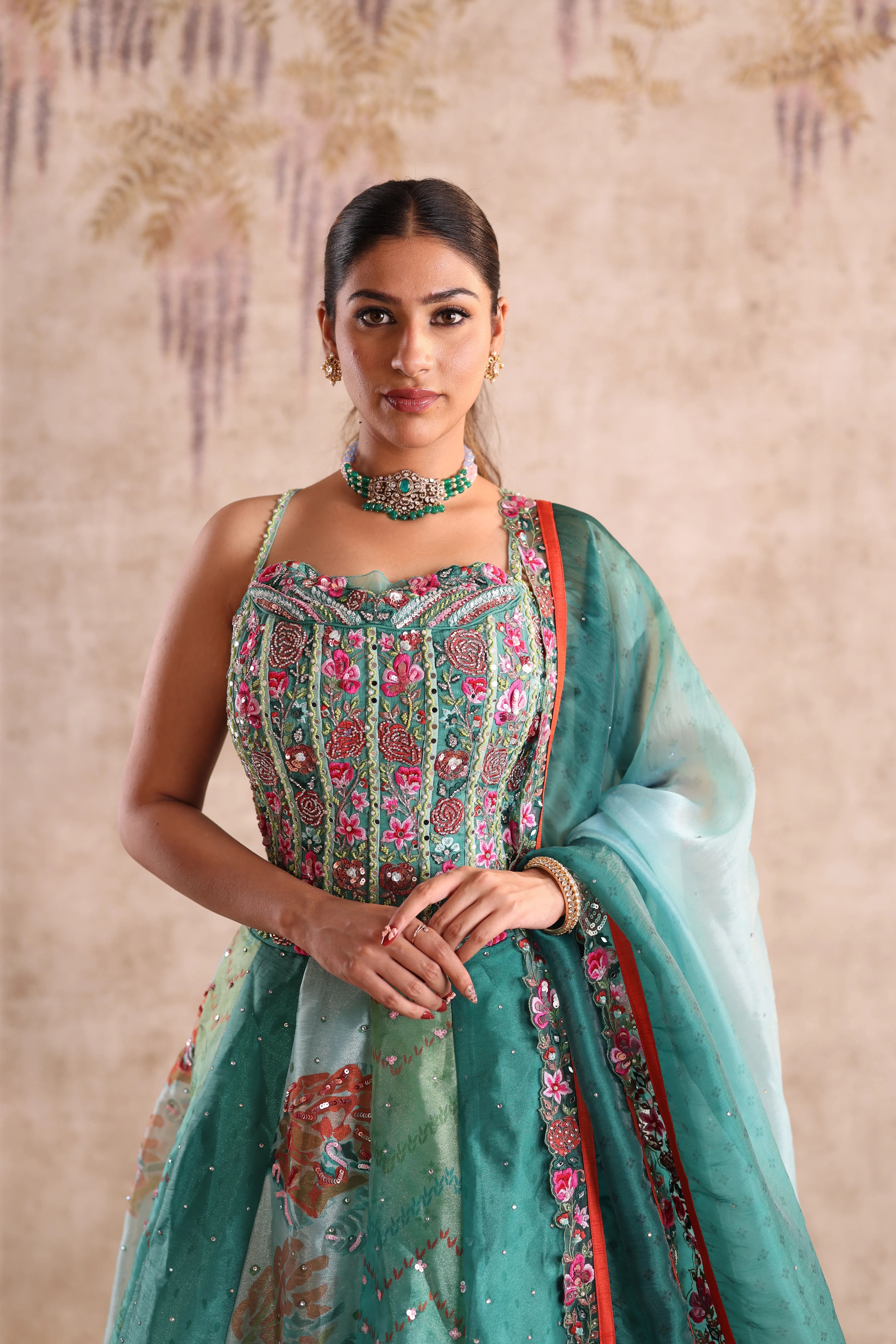 Green Floral Embroidered Party Wear Lehenga