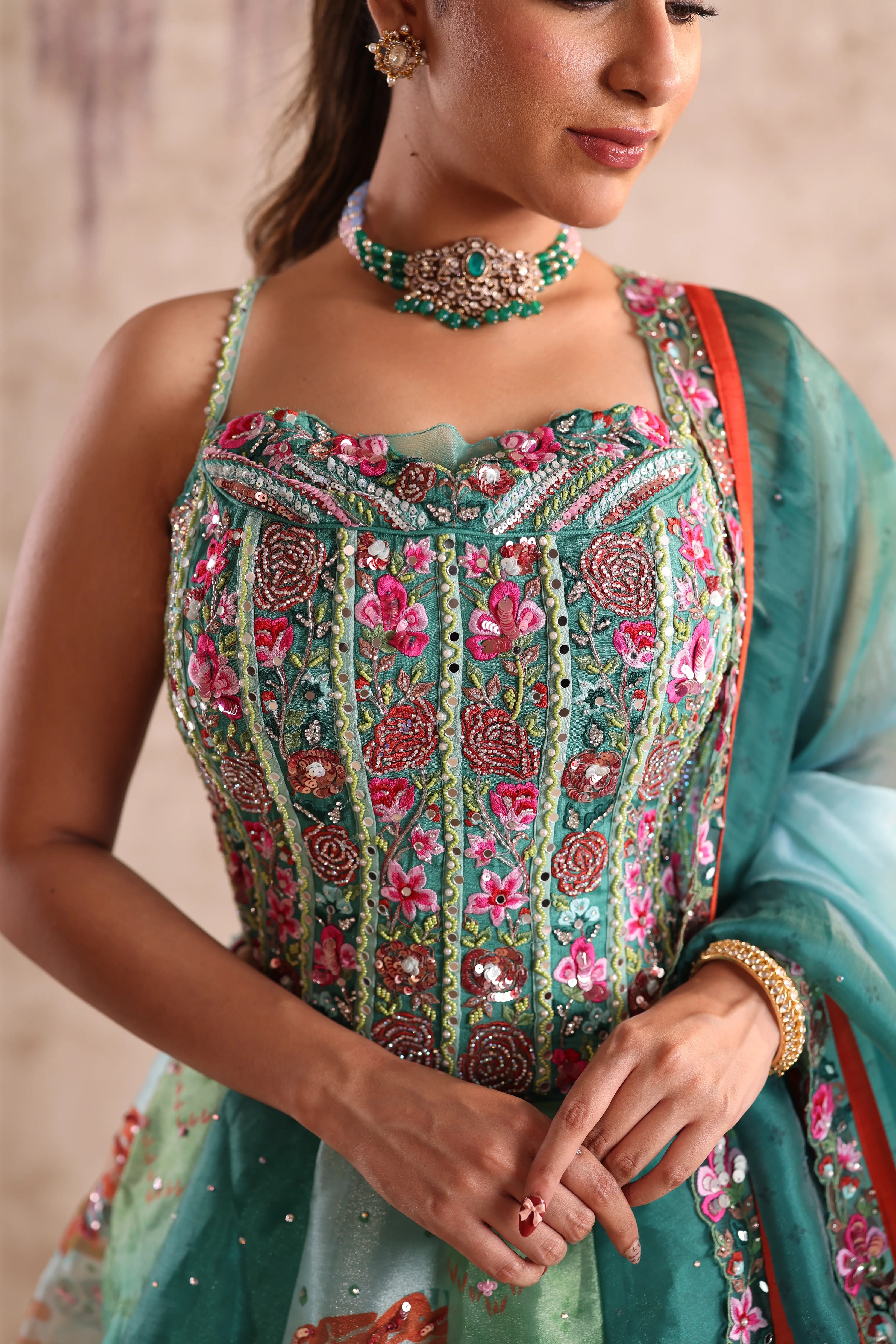 Green Floral Embroidered Party Wear Lehenga