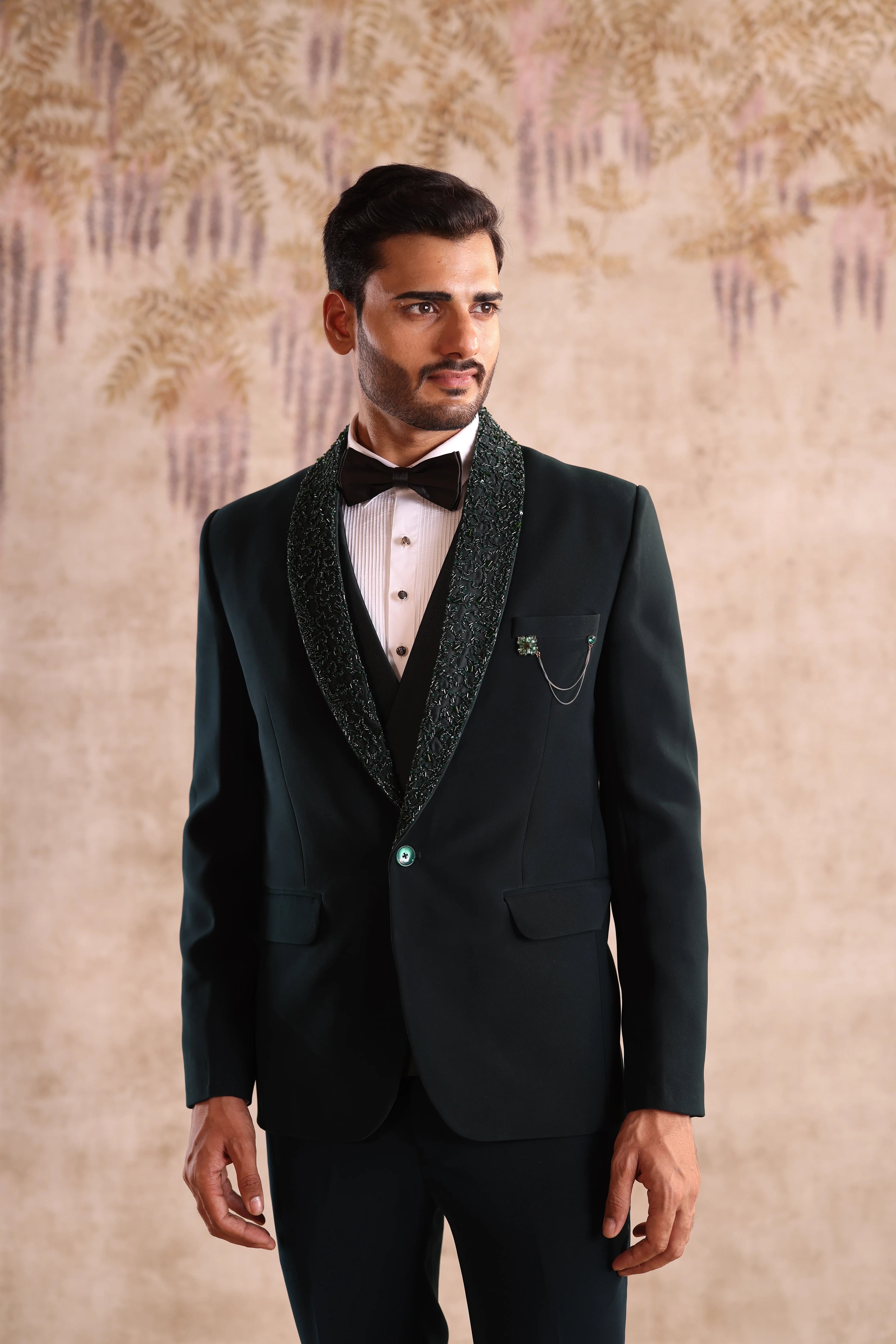 Green embroidered shawl collar tuxedo