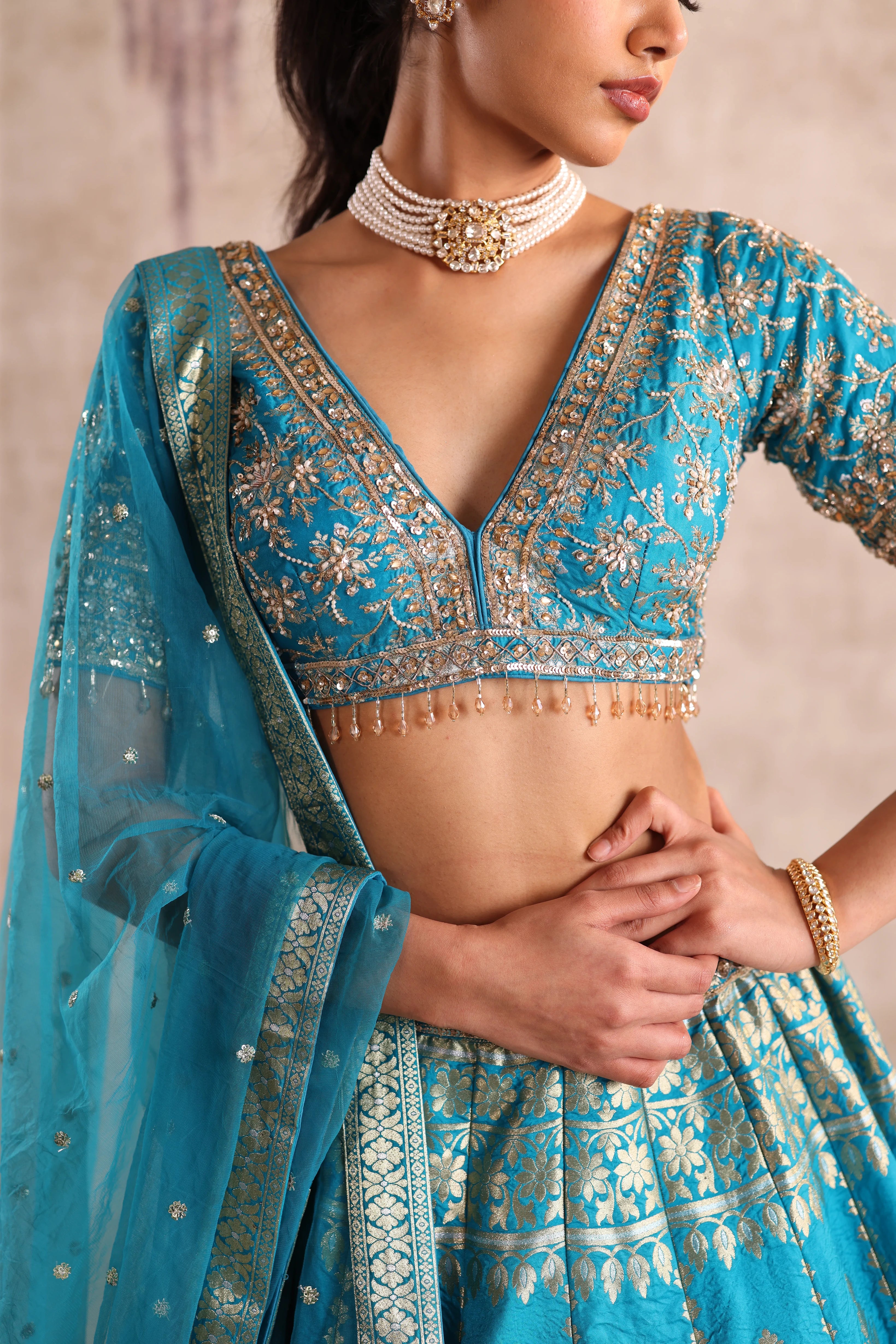 Sky Blue Zari Woven Party Wear Lehenga