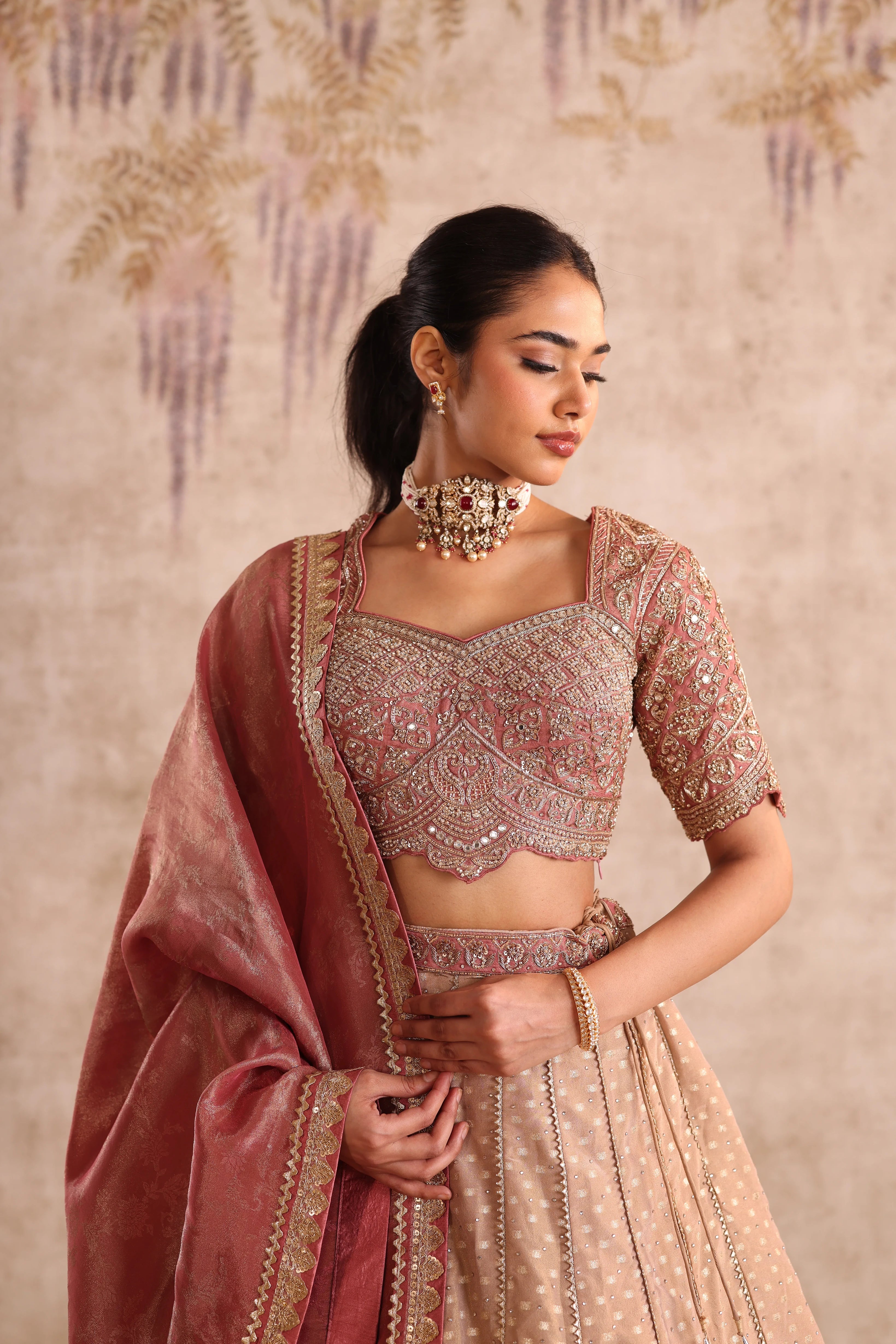 Beige Embroidered Party Wear Lehenga with Sequins Work