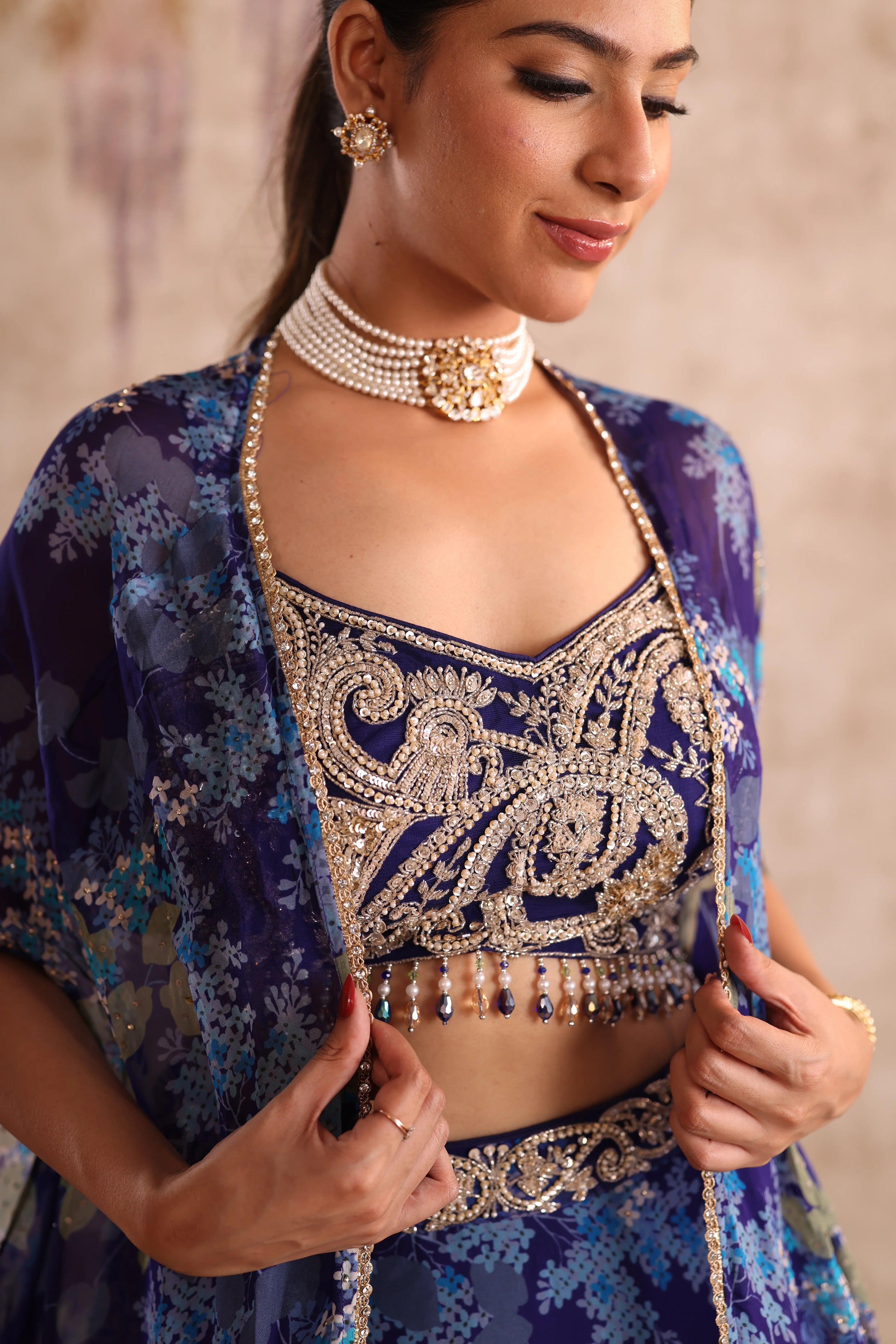 Party Wear Floral Embroidered blue Lehenga