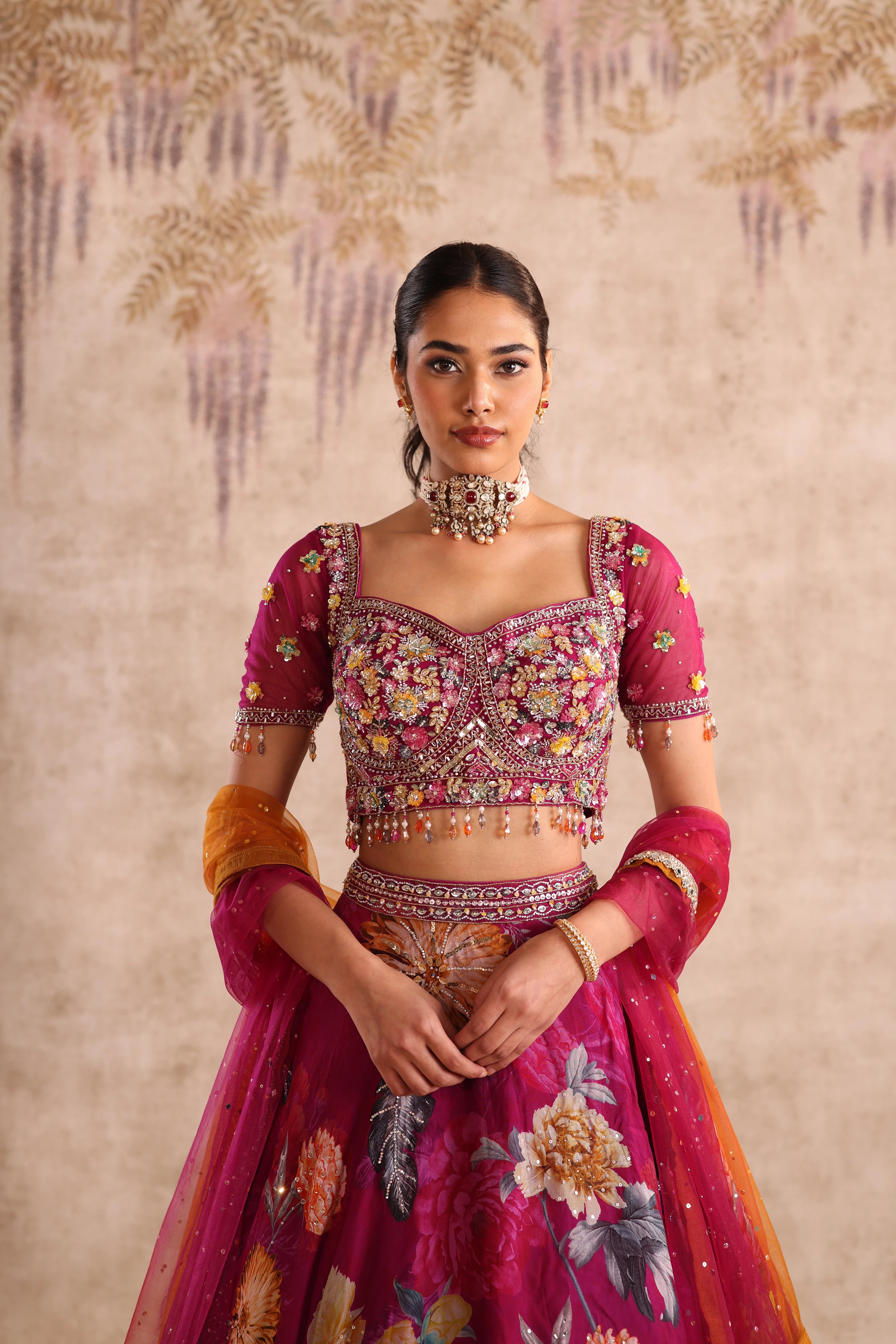 Magenta Floral Embroidered Party Wear Lehenga with Dupatta