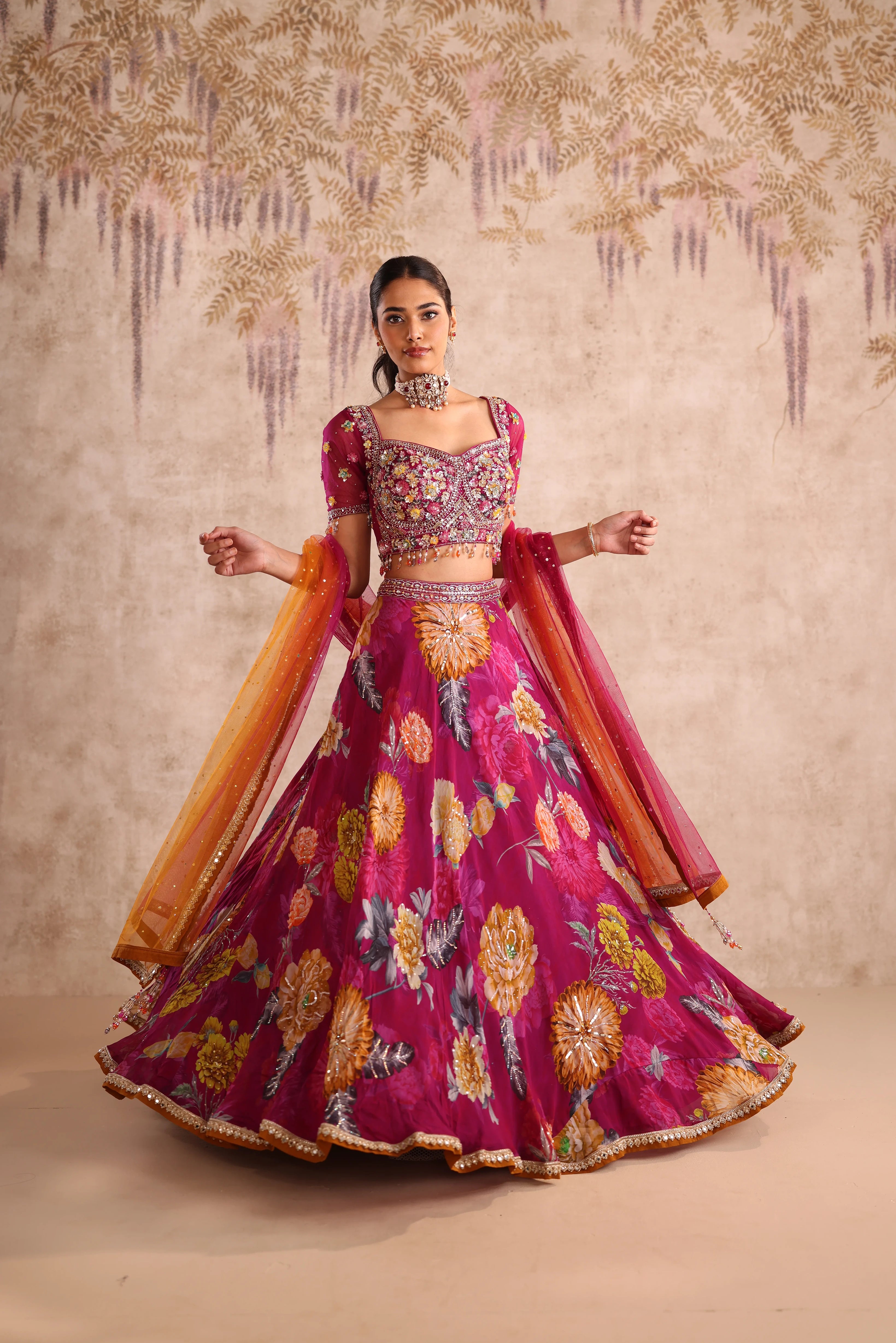 Magenta Floral Embroidered Party Wear Lehenga with Dupatta