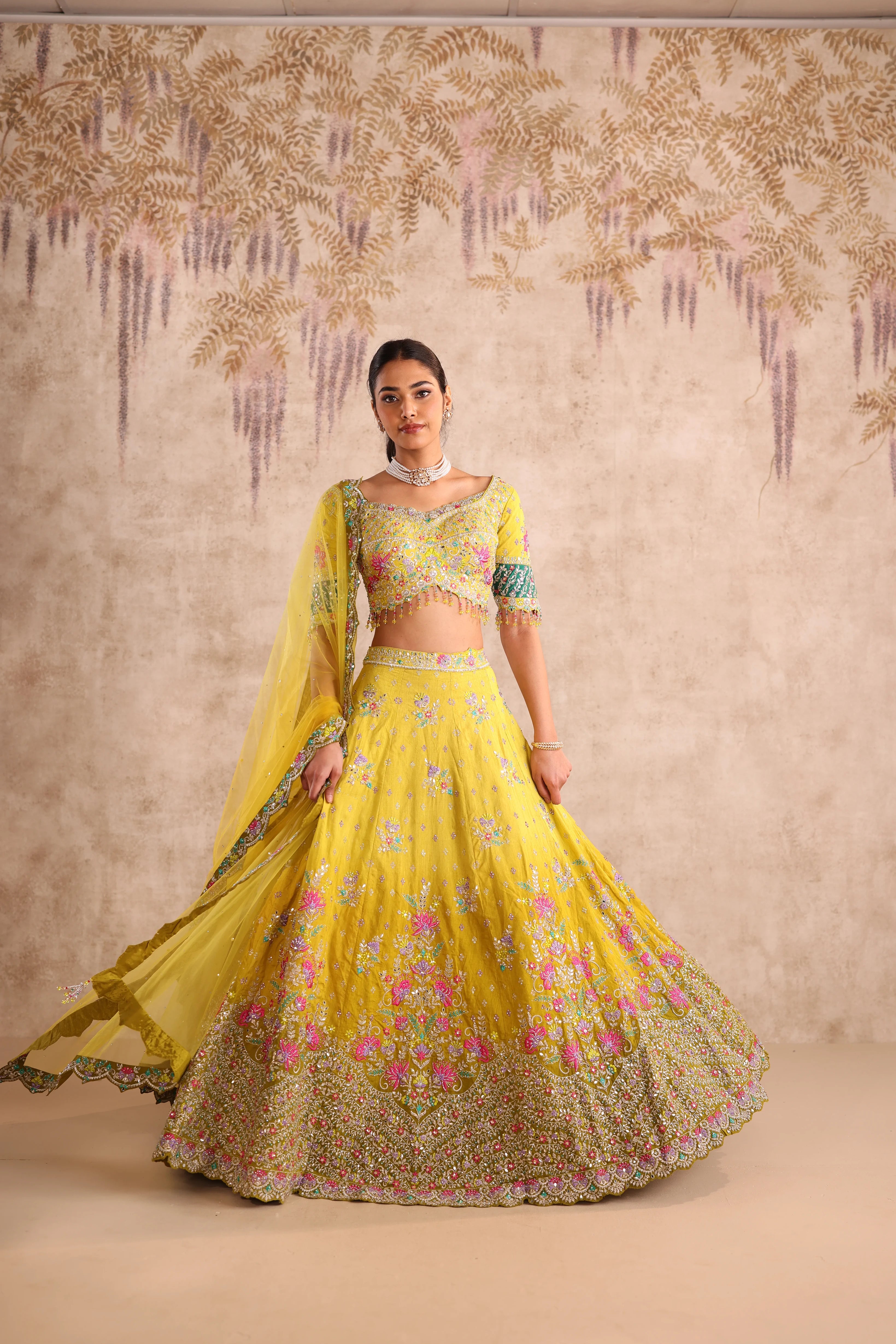 Yellow Embroidered Bridal Party Wear Lehenga