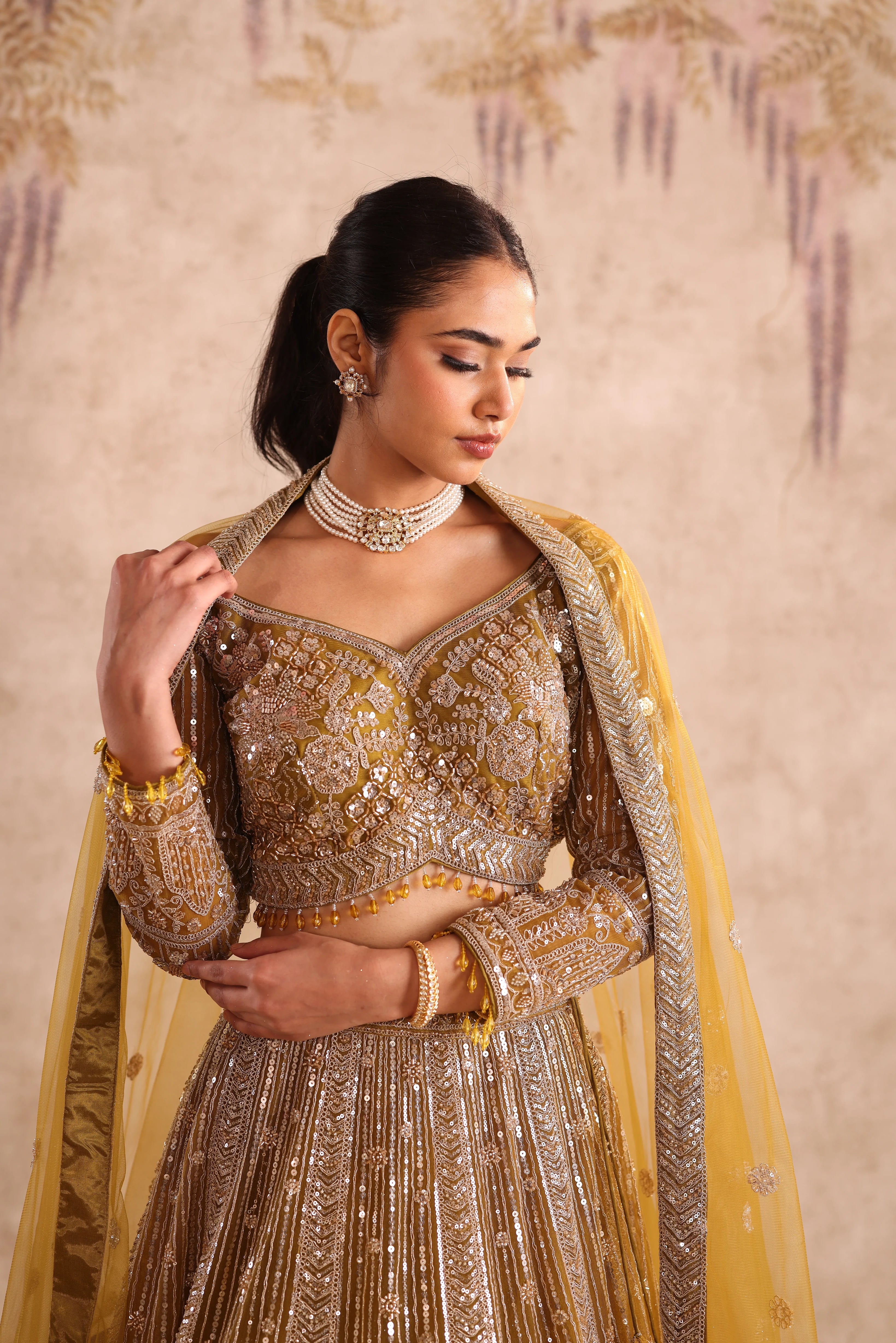 Mustard Embroidered Party Wear Lehenga