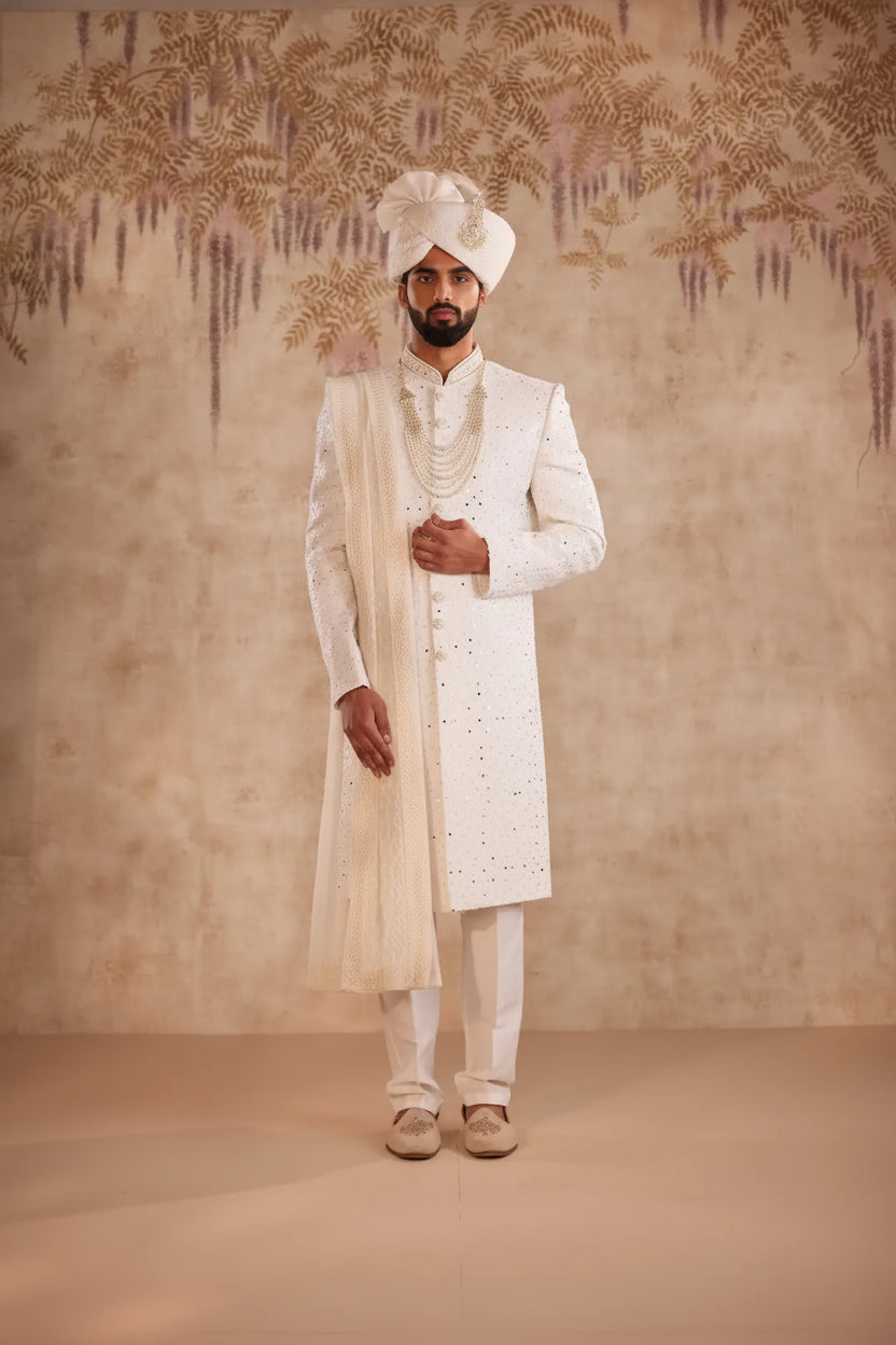 Ivory Sherwani Set with Mirror Detailing | Designer Groom Wedding Sherwani
