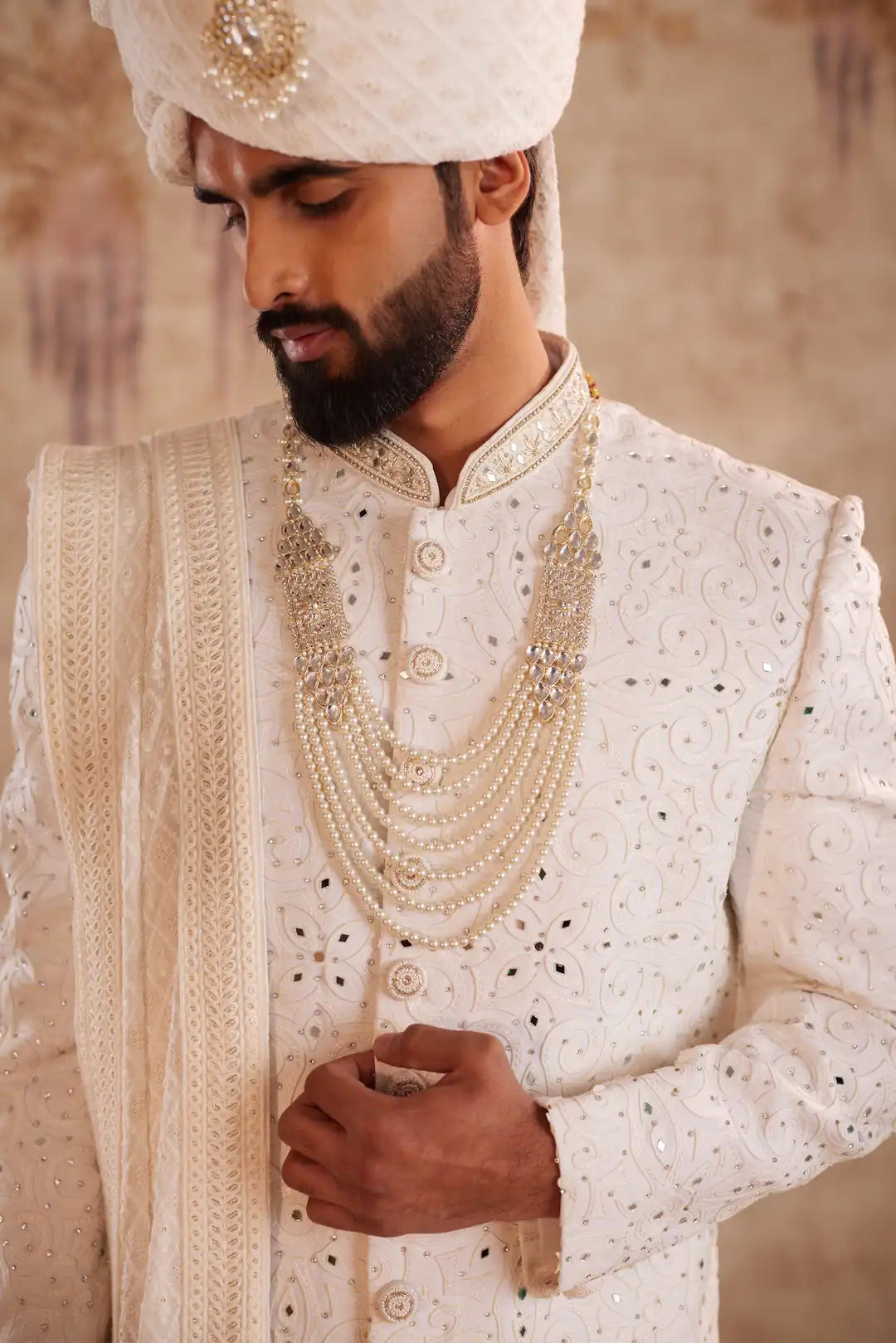 Ivory Sherwani Set with Mirror Detailing | Designer Groom Wedding Sherwani