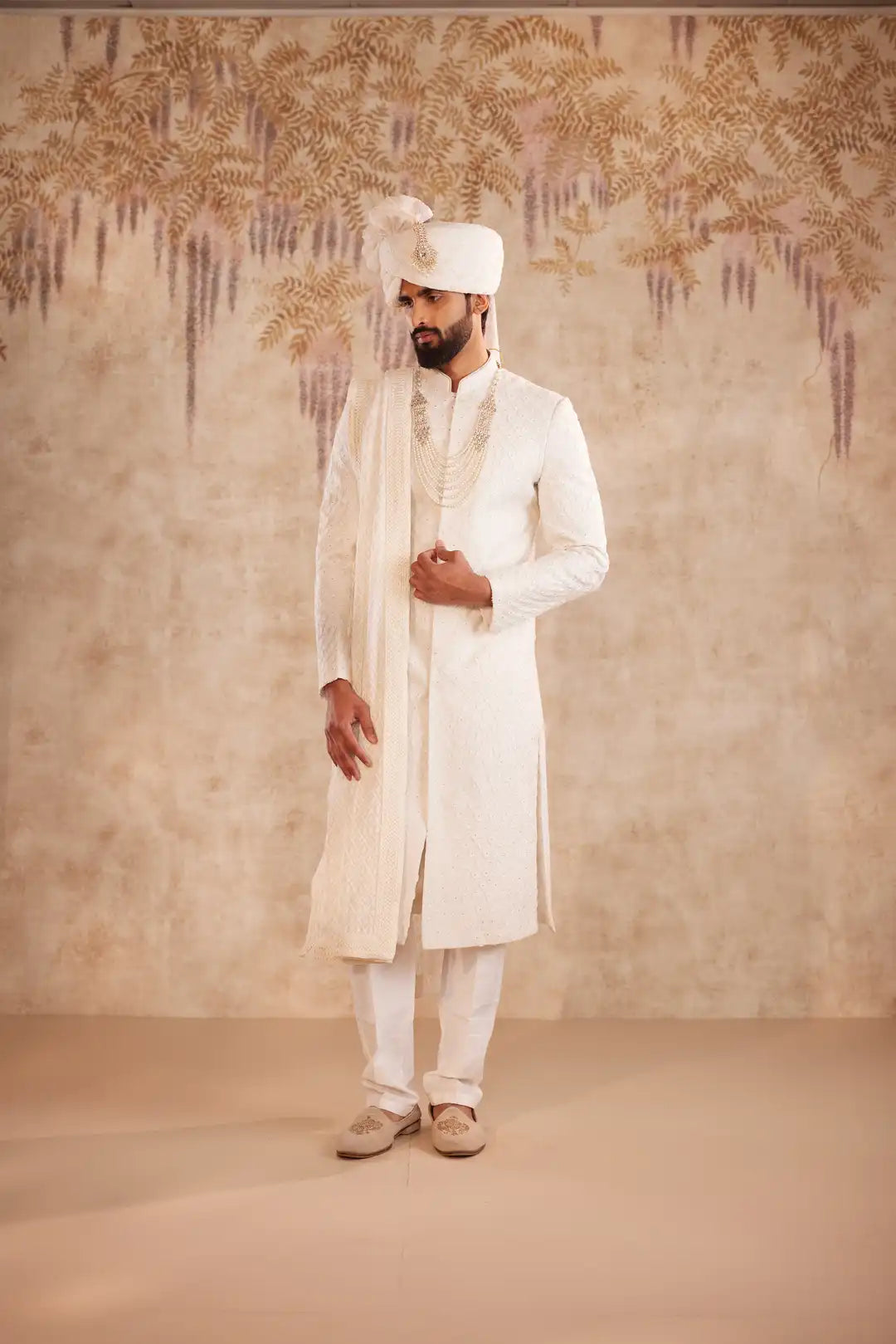 Off White Geometric Sherwani for Groom | Contemporary Designer Wedding Sherwani