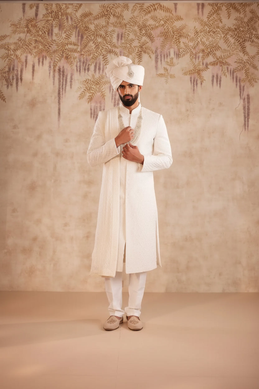 Off White Geometric Sherwani for Groom | Contemporary Designer Wedding Sherwani