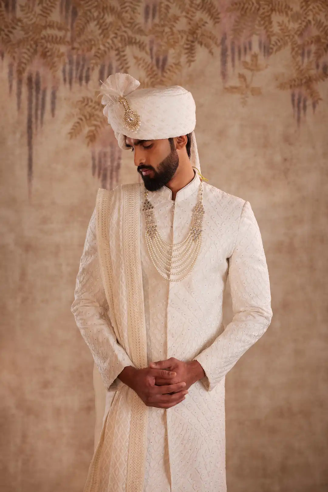 Off White Geometric Sherwani for Groom | Contemporary Designer Wedding Sherwani