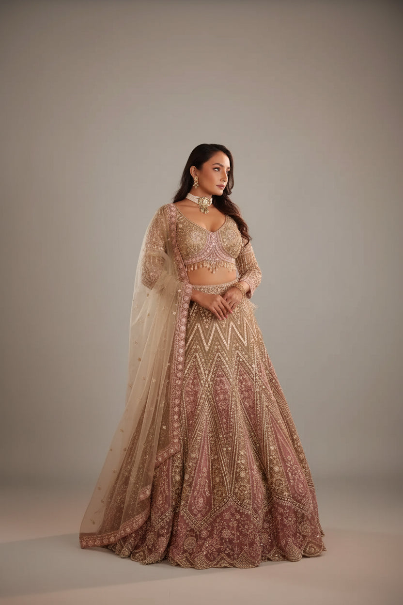 Dusty Rose Embroidered Bridal Lehenga Choli Set