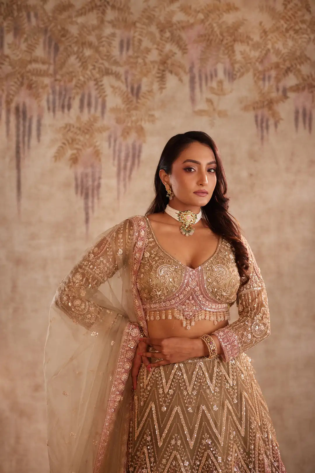 Dusty Rose Embroidered Bridal Lehenga Choli Set