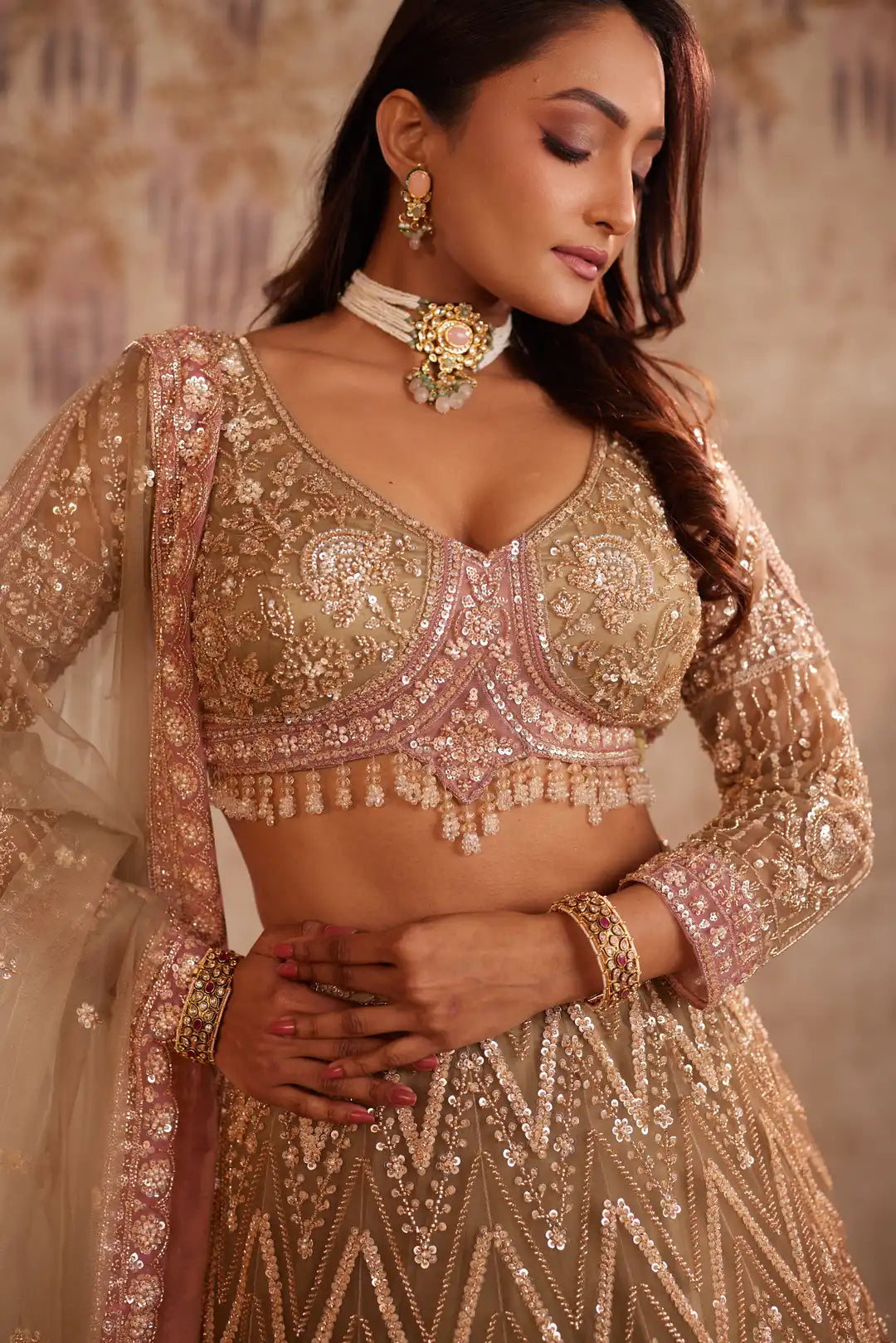 Dusty Rose Embroidered Bridal Lehenga Choli Set