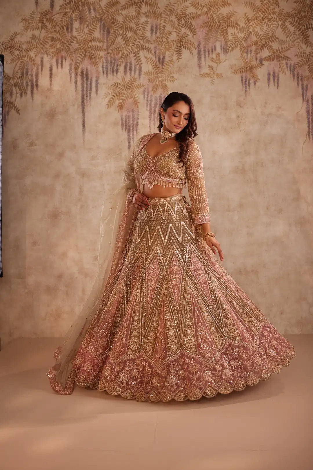 Dusty Rose Embroidered Bridal Lehenga Choli Set