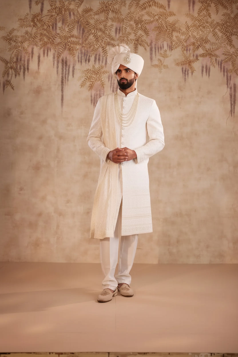 Elegant White Georgette Sherwani for Groom | Premium Wedding Sherwani