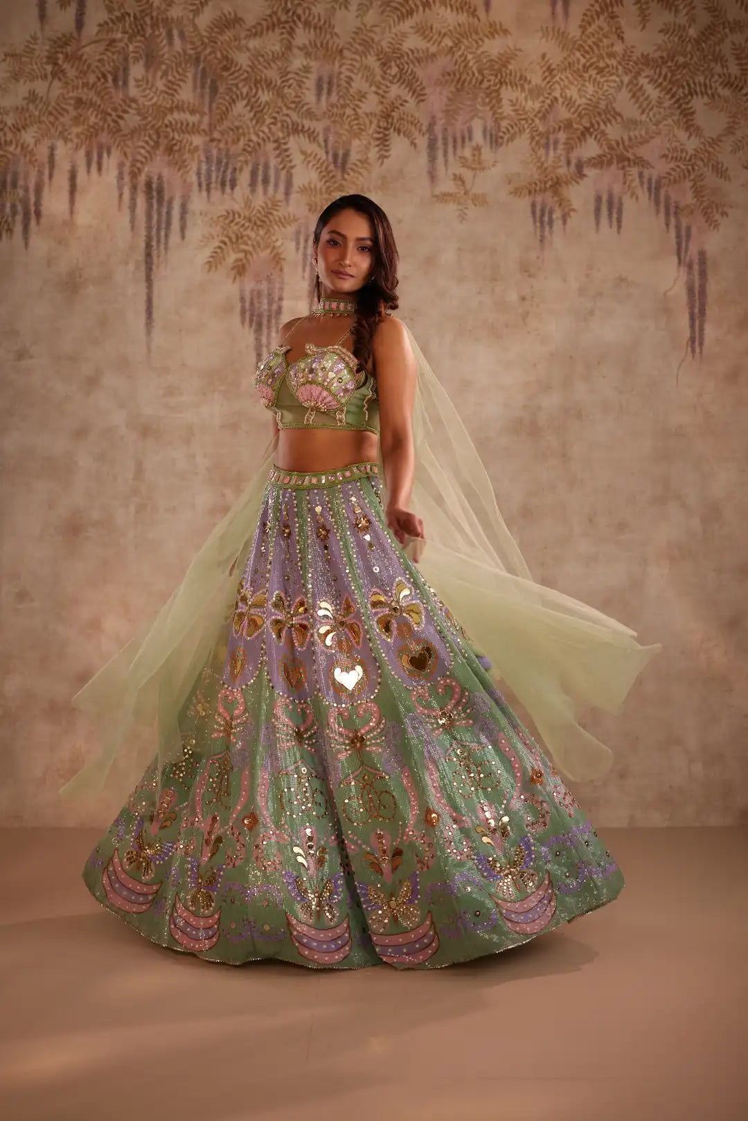 Green heart embroidered lehenga