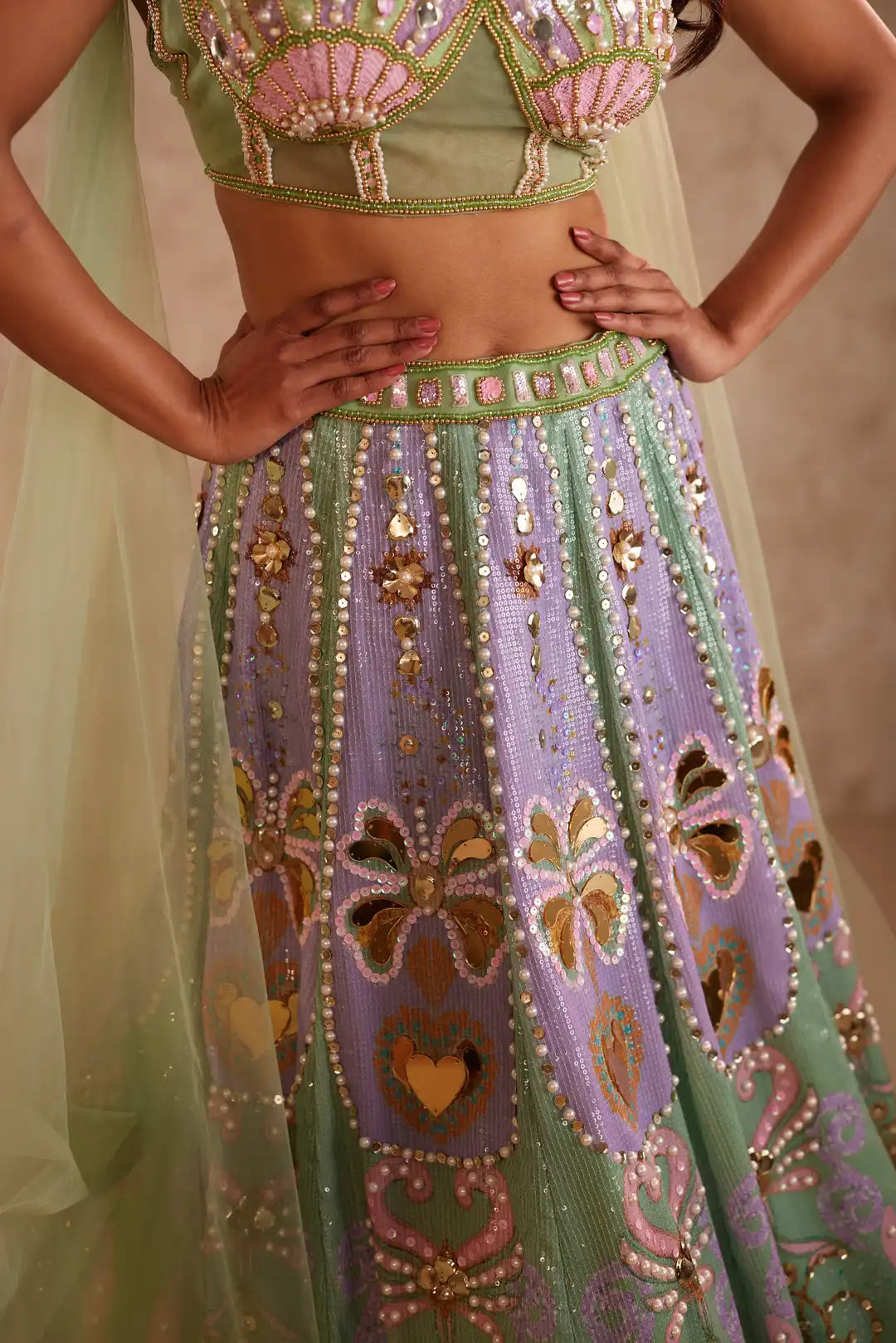 Green heart embroidered lehenga