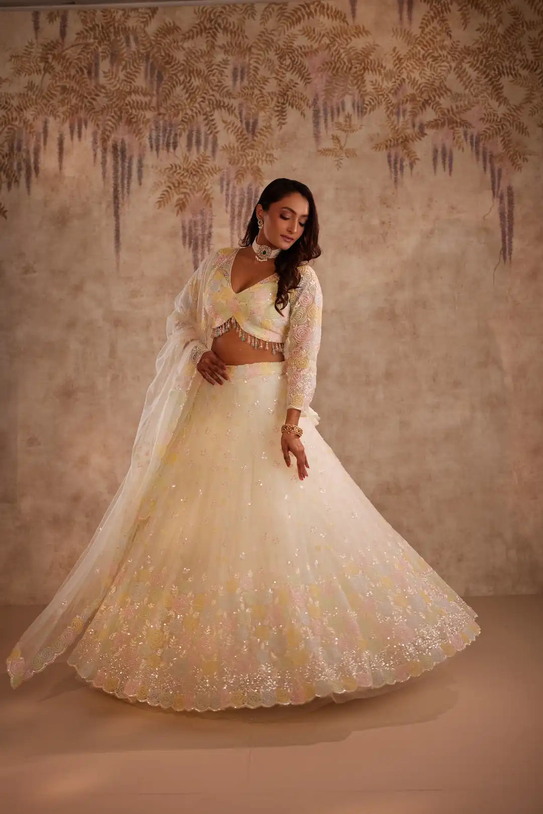 Lemon lehenga with embroidery spring blossoms