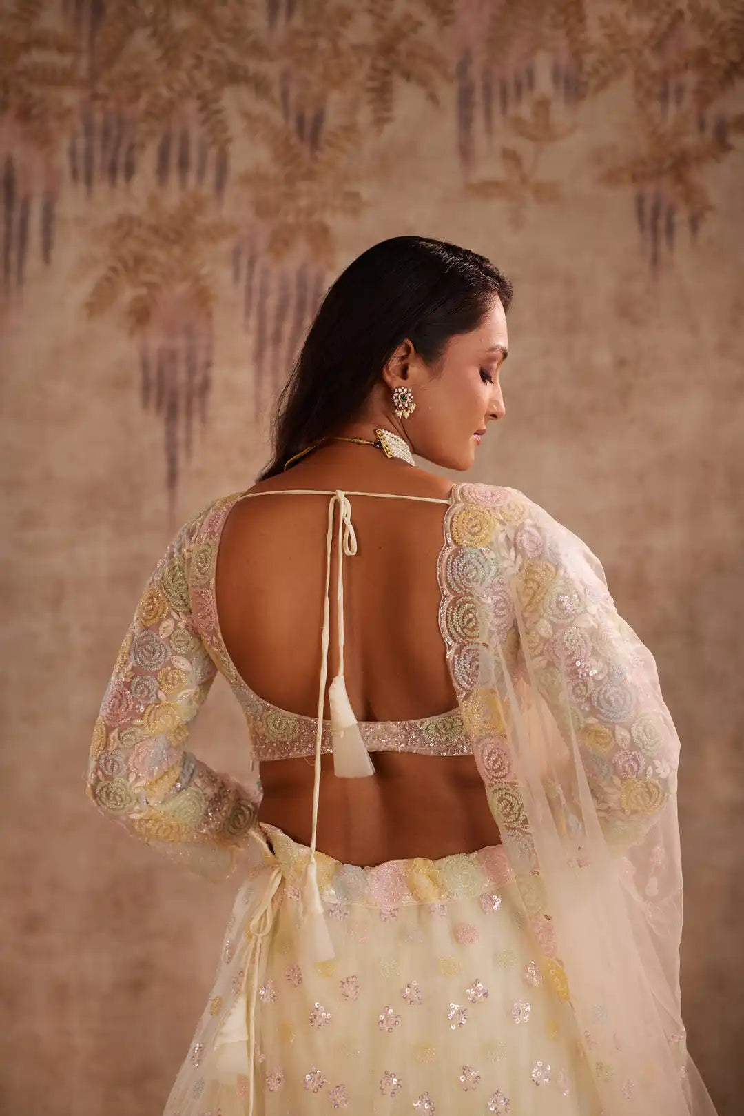 Lemon lehenga with embroidery spring blossoms