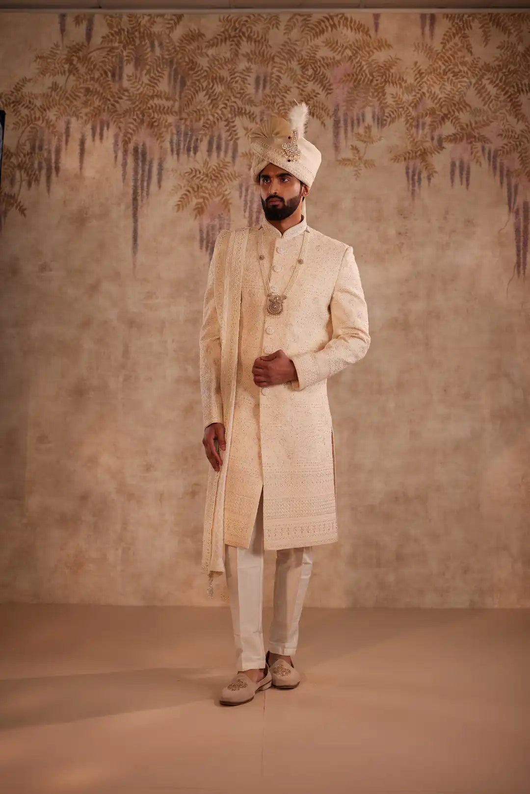 Beige Multicolour Embroidered Sherwani for Groom | Premium Wedding Sherwani