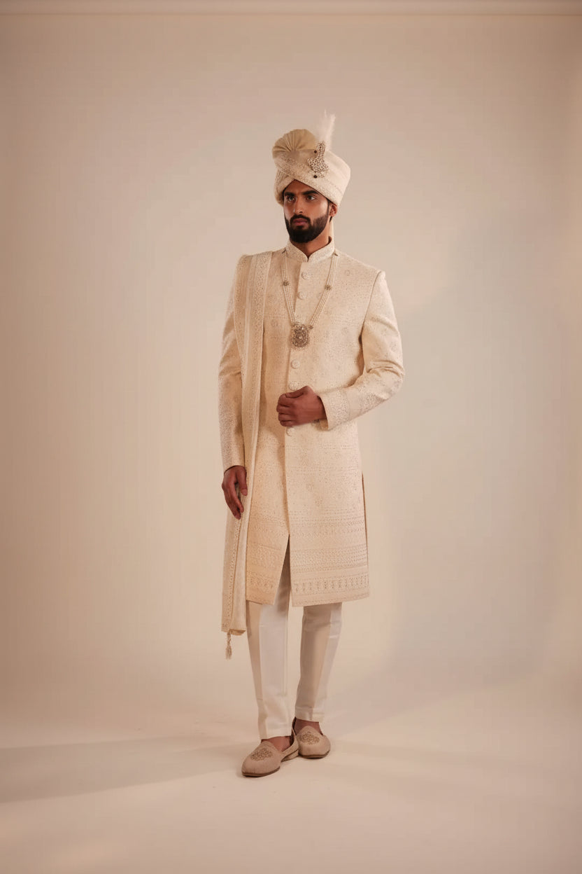 Beige Multicolour Embroidered Sherwani for Groom | Premium Wedding Sherwani