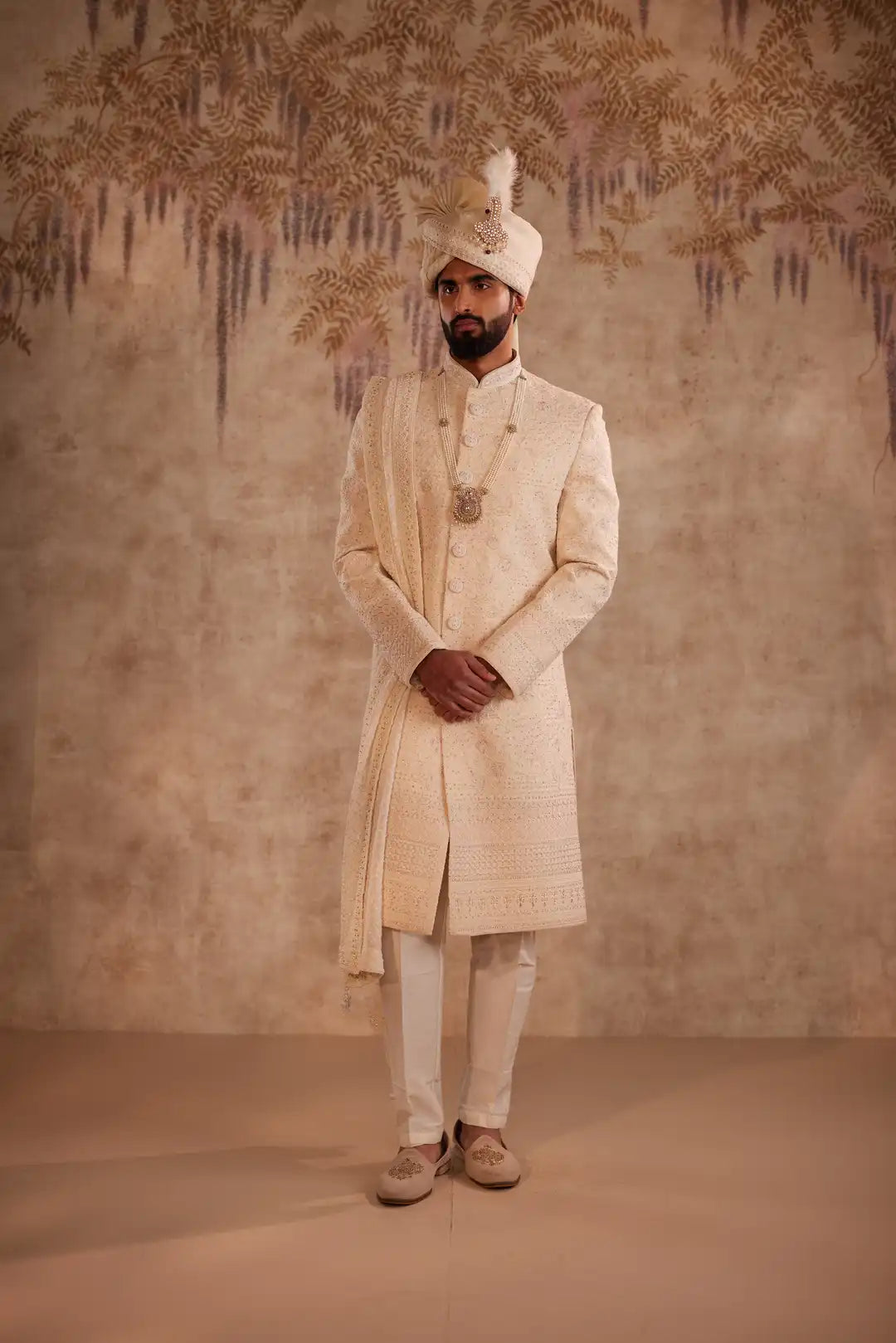 Beige Multicolour Embroidered Sherwani for Groom | Premium Wedding Sherwani
