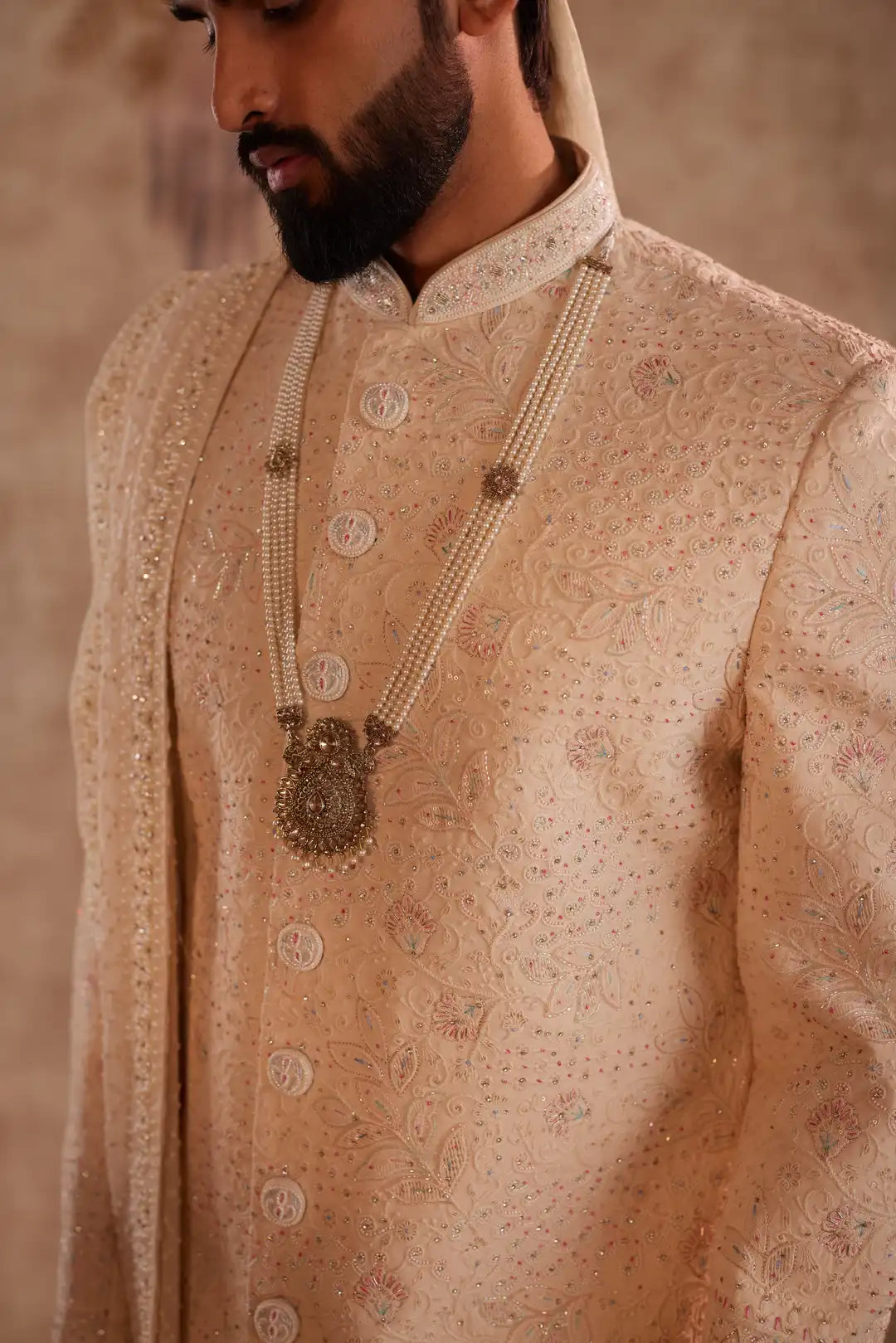 Beige Multicolour Embroidered Sherwani for Groom | Premium Wedding Sherwani