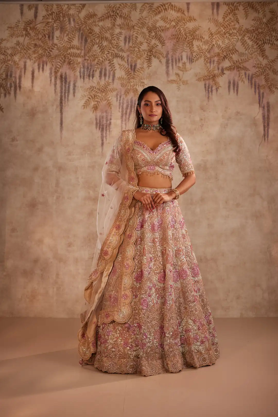 Bronze Net Lehenga Set with Sequins and Zari Embroidery
