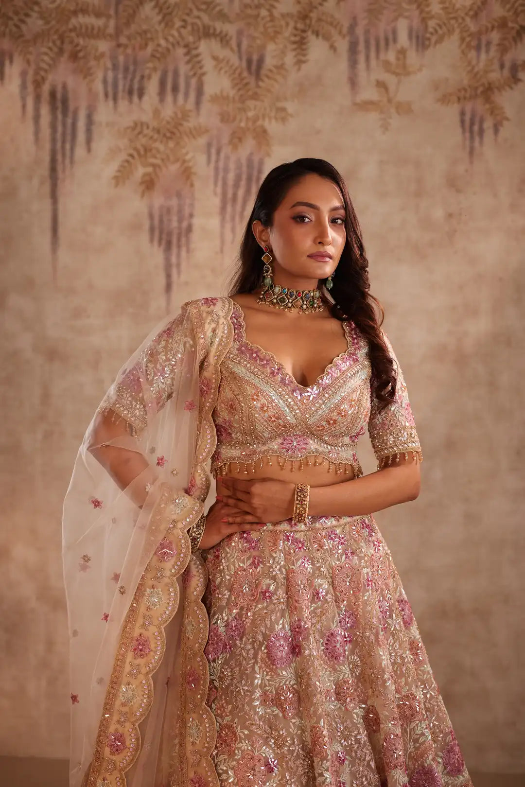 Bronze Net Lehenga Set with Sequins and Zari Embroidery