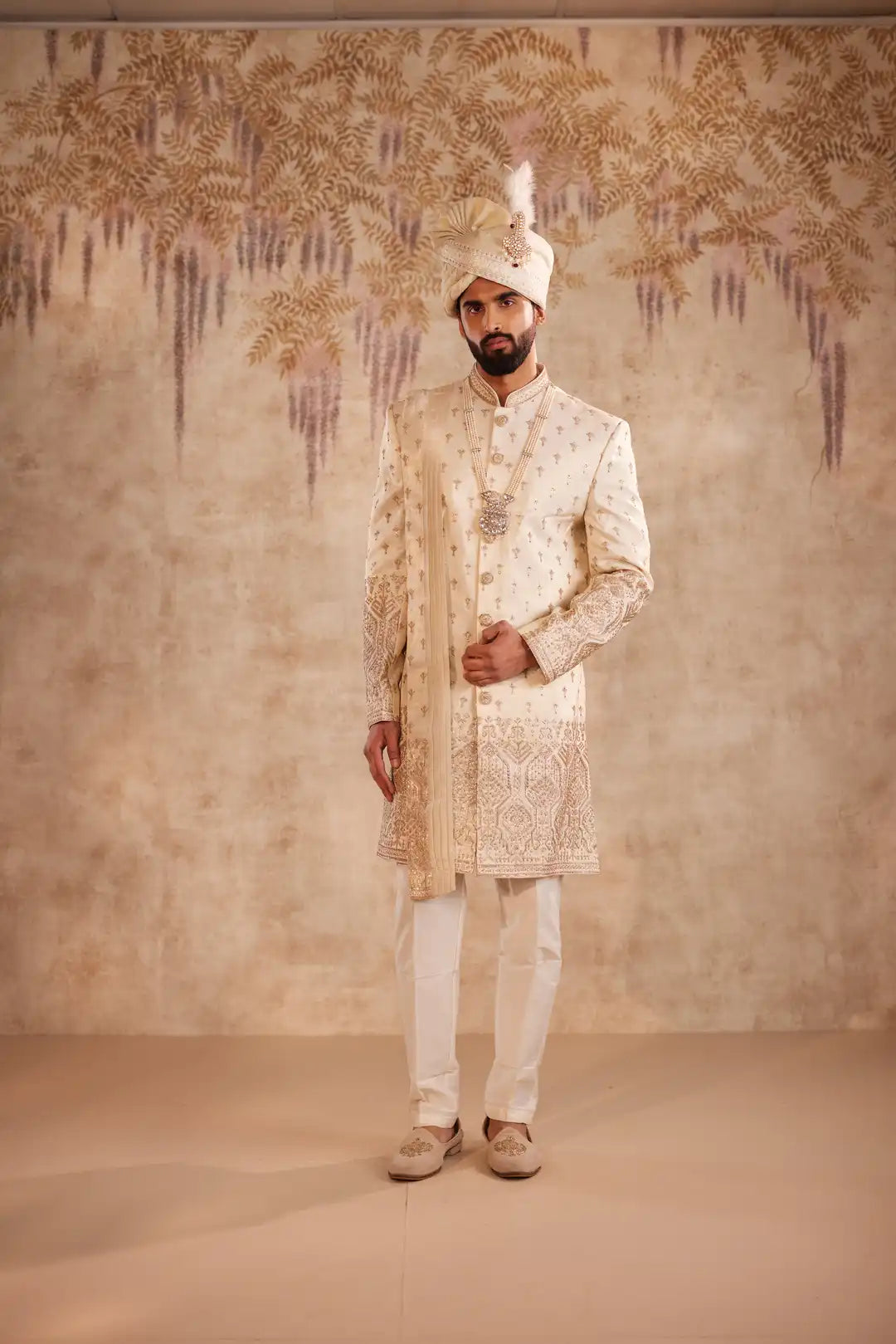 Off White Tissue Sherwani with Sequins Work and Embroidered Dupatta
