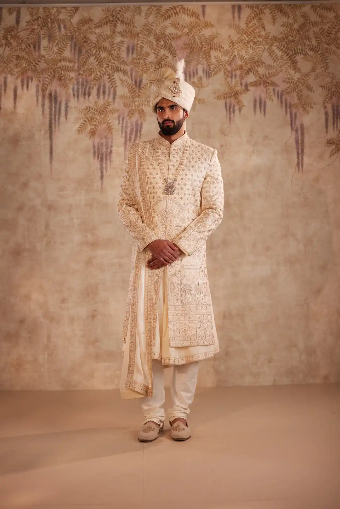 Off white silk zari work sherwani