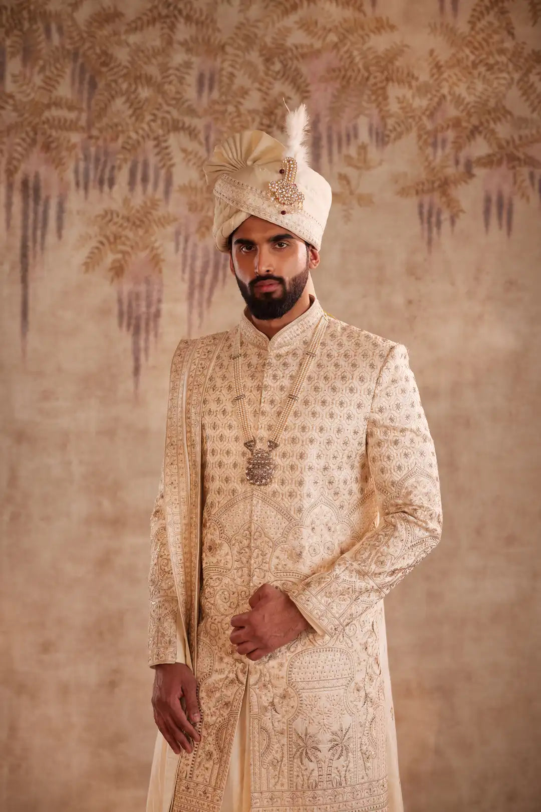 Off white silk zari work sherwani