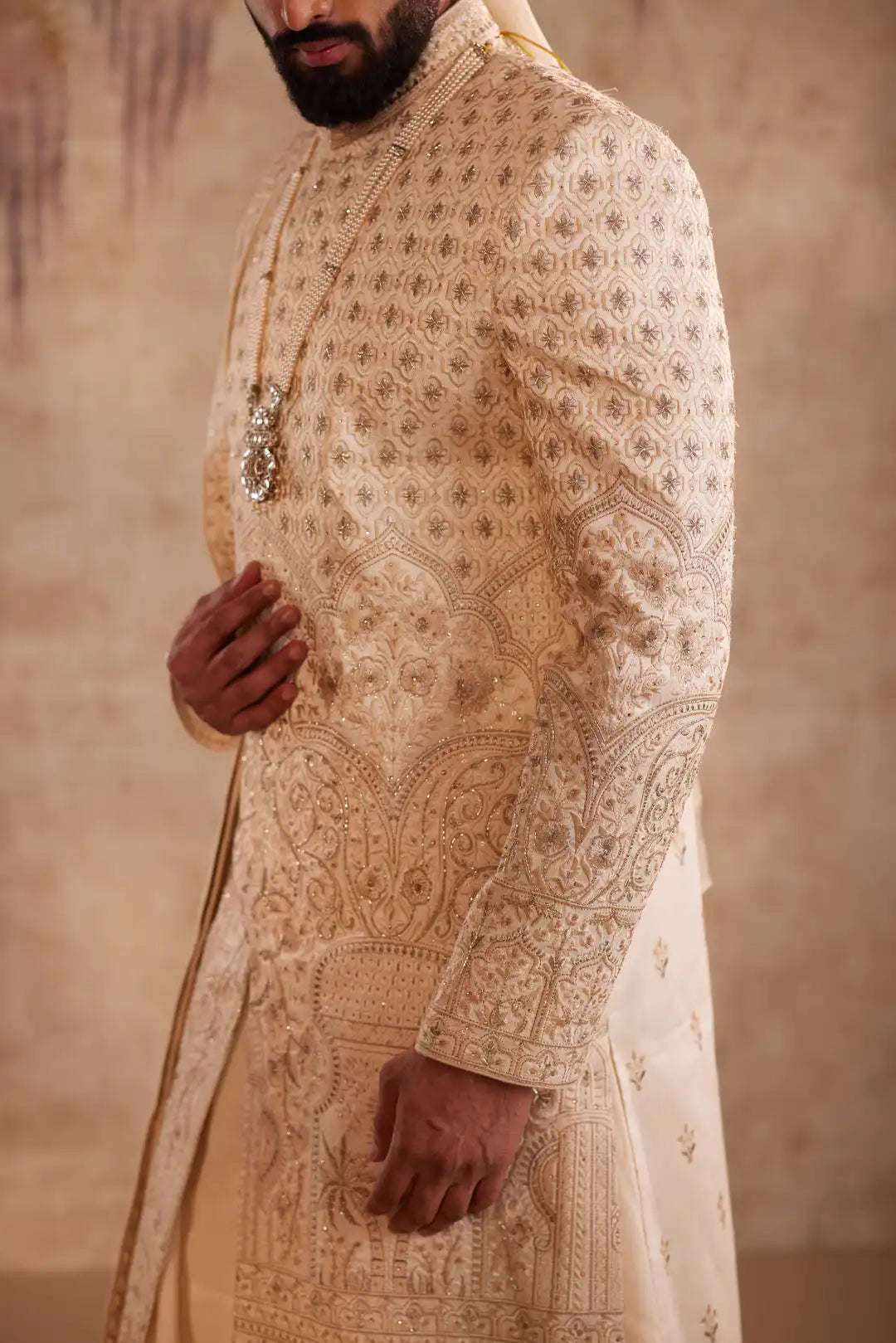 Off white silk zari work sherwani