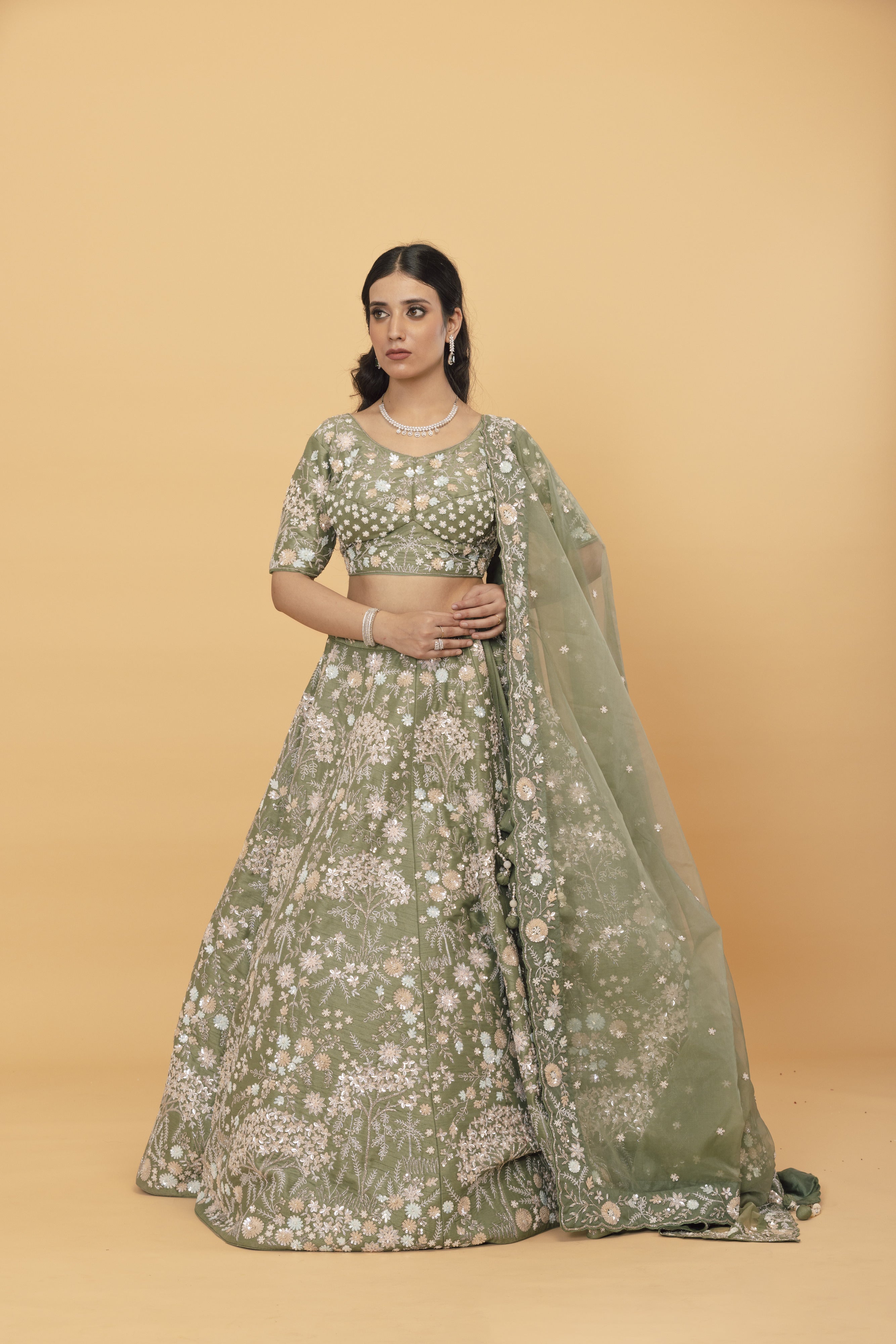 Green Silk Lehenga With CutDana Design