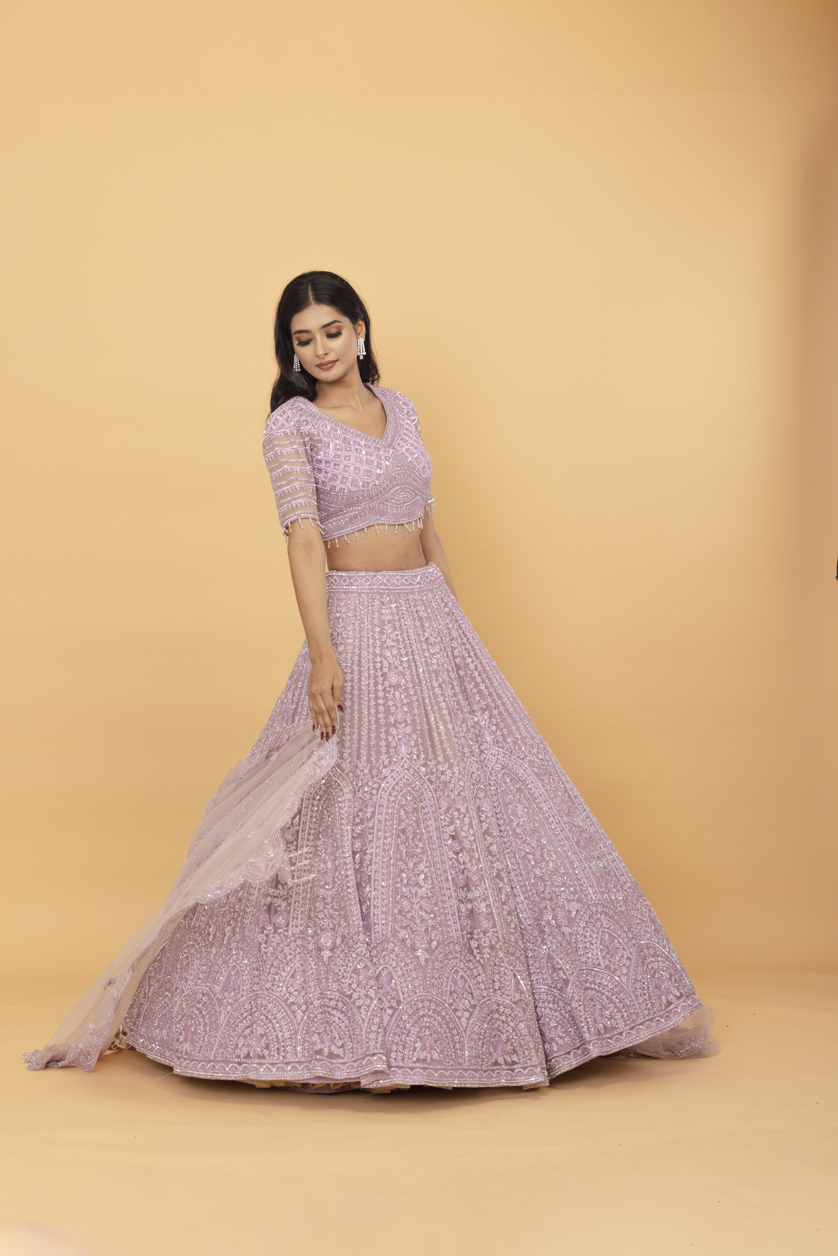 Lavender Net Lehanga with cutdana design